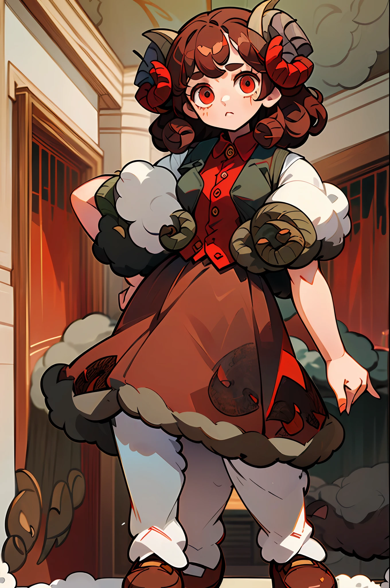((Full body):1.5),((9-year-old girl /with sheep's horns):1.5) ,((brown curly hair):1.2), {(wearing shirt with vest), (dress pants), (moccasin shoe)},((red eyes):1.3), looking at the viewer, in a ((modern house):1.5),4k,large hips