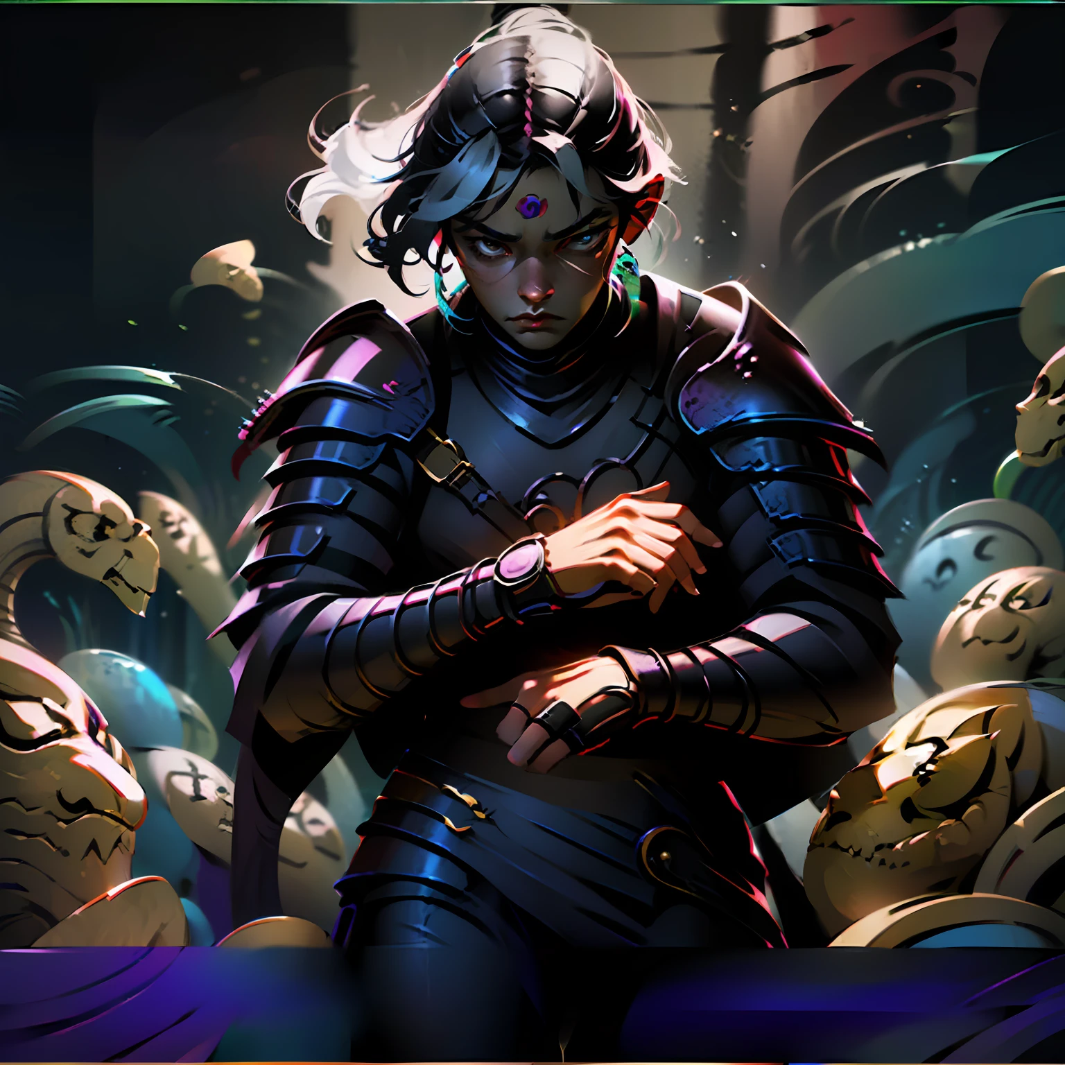 ((masterpiece, ultra detailed)), concept art, illustration, digital art, 1girl, alone, young pale ninja surrounded by black smoke with ash ((angry face)) hidden in the forest ((with a katana)) , ((very long hair, black hair)),((red iris)), knight, black knight armor with silver, ((incredibly beautiful)), beautiful eyes, dynamic pose, ready battle stance, elegant pose, fire, red ash, black volumetric smoke dense dark theme, hdr, bloom, dark, dimming lighting, backlight, cinematic lighting, soft lighting, natural lighting, dramatic lighting, dark lighting, (ornate), intricate, highly detailed, hyperrealistic, trend in artstation, award-winning, fascinating, elegant, RAW photo, absurd, Highres, 4K, studio quality, octane, 8K UHD, close-up, League of Legends, Splash art, --auto