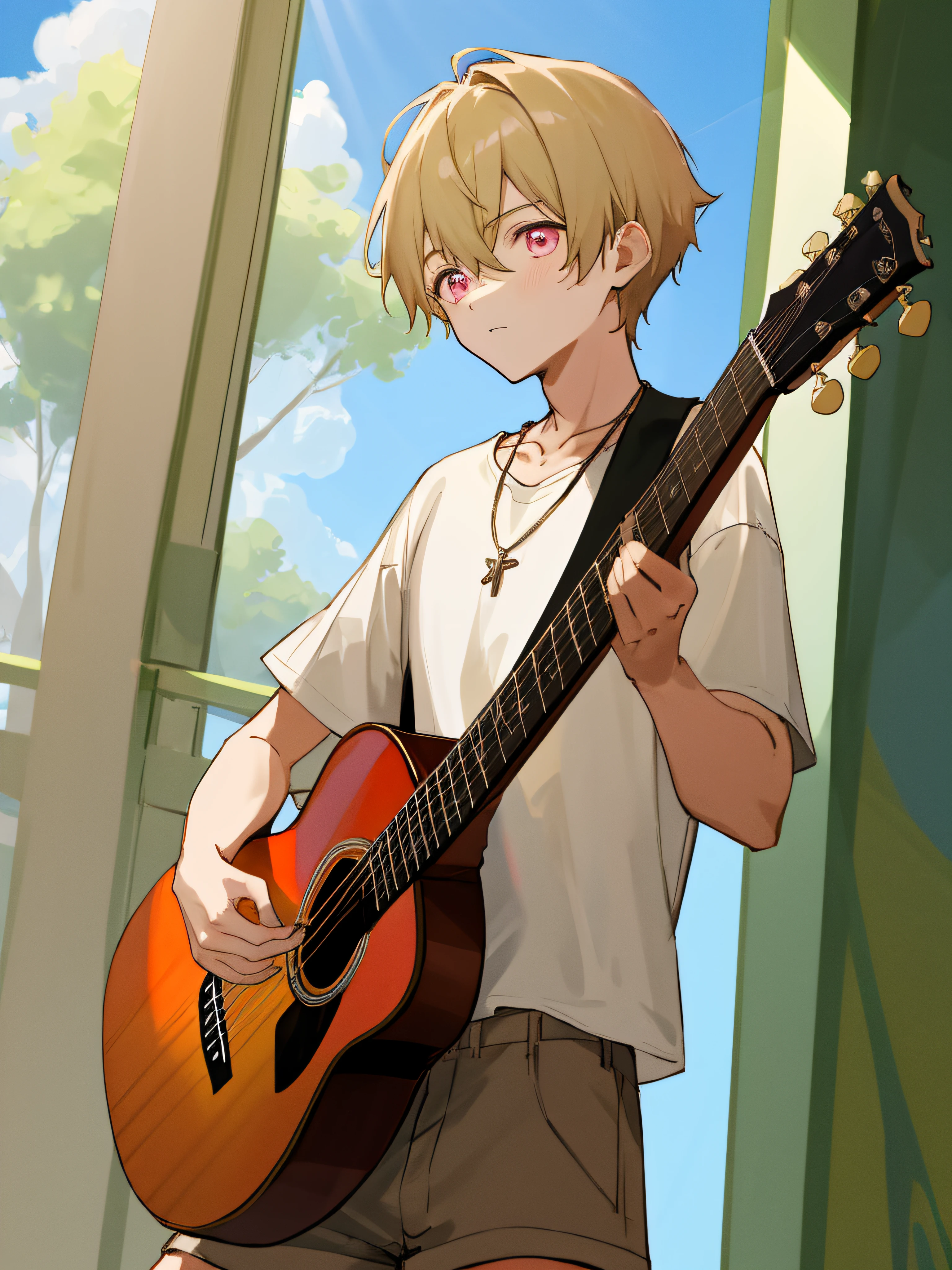 (masterpiece, best quality, absurdres), 1boy, solo, solofocus, blonde hair, short hair, pink eyes, teenager, super closeup, indoors, casual clothing, blue sky, clouds, trees, window, brown shorts, white t shirt, chain necklace, acoustic guitar, playing guitar