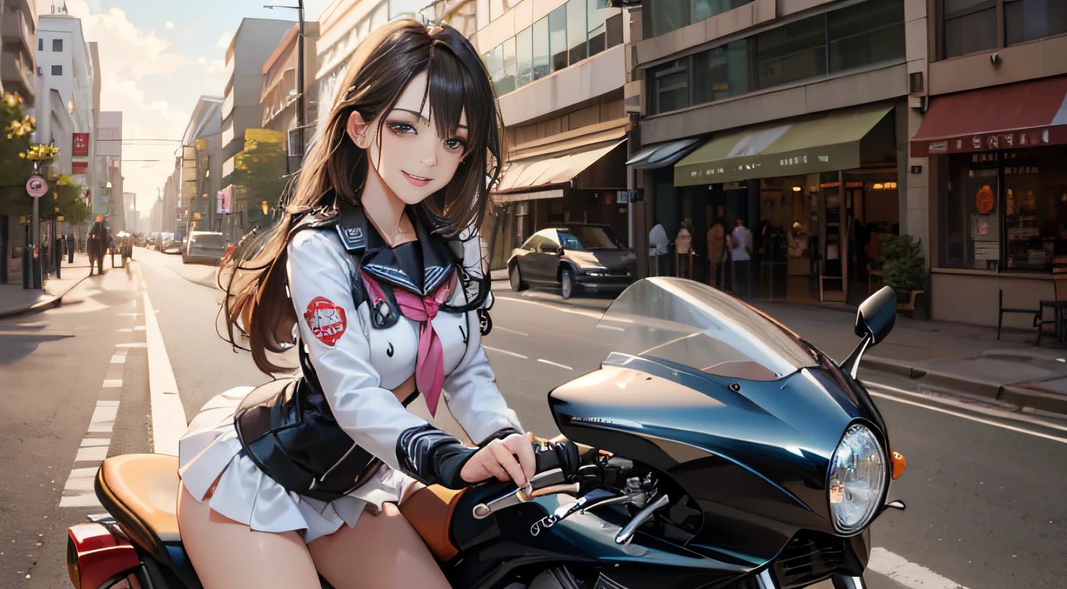 (woman in bikini), wearing a huge diamond necklace, straddling a brown YH motorcycle on a city street, posing for a photo, very small breasts, long legs, very detailed, (big warm smile), (golden hair bob cut) --auto