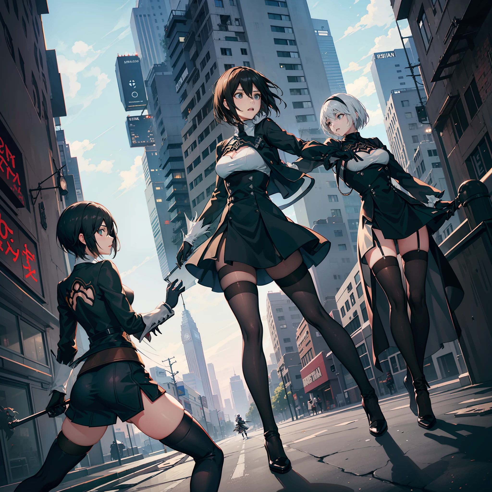 Mikasa Ackerman and 2b of Nier Automata Fighting in an urban location