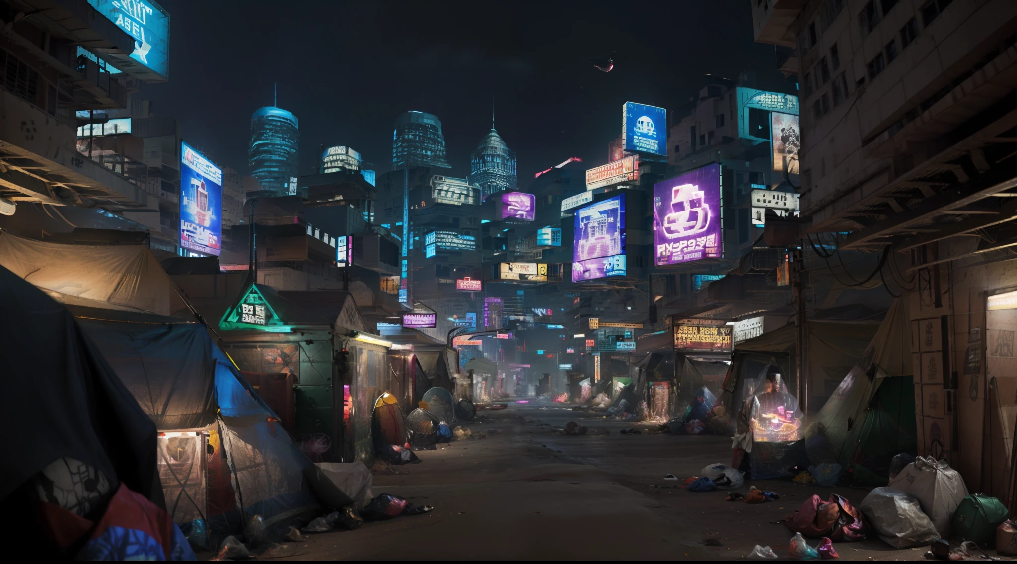 A giant hologram of a shadowy corporation looms over the desert, illuminating the landscape with advertisements and manipulative messages. Below him, the marginal inhabitants hide in makeshift camps, trying to escape constant surveillance. cyberpunk aesthetics, action film shot by Kon Satoshi, Semi Impasto style, matte paint, atmospheric, bright, dramatic lighting