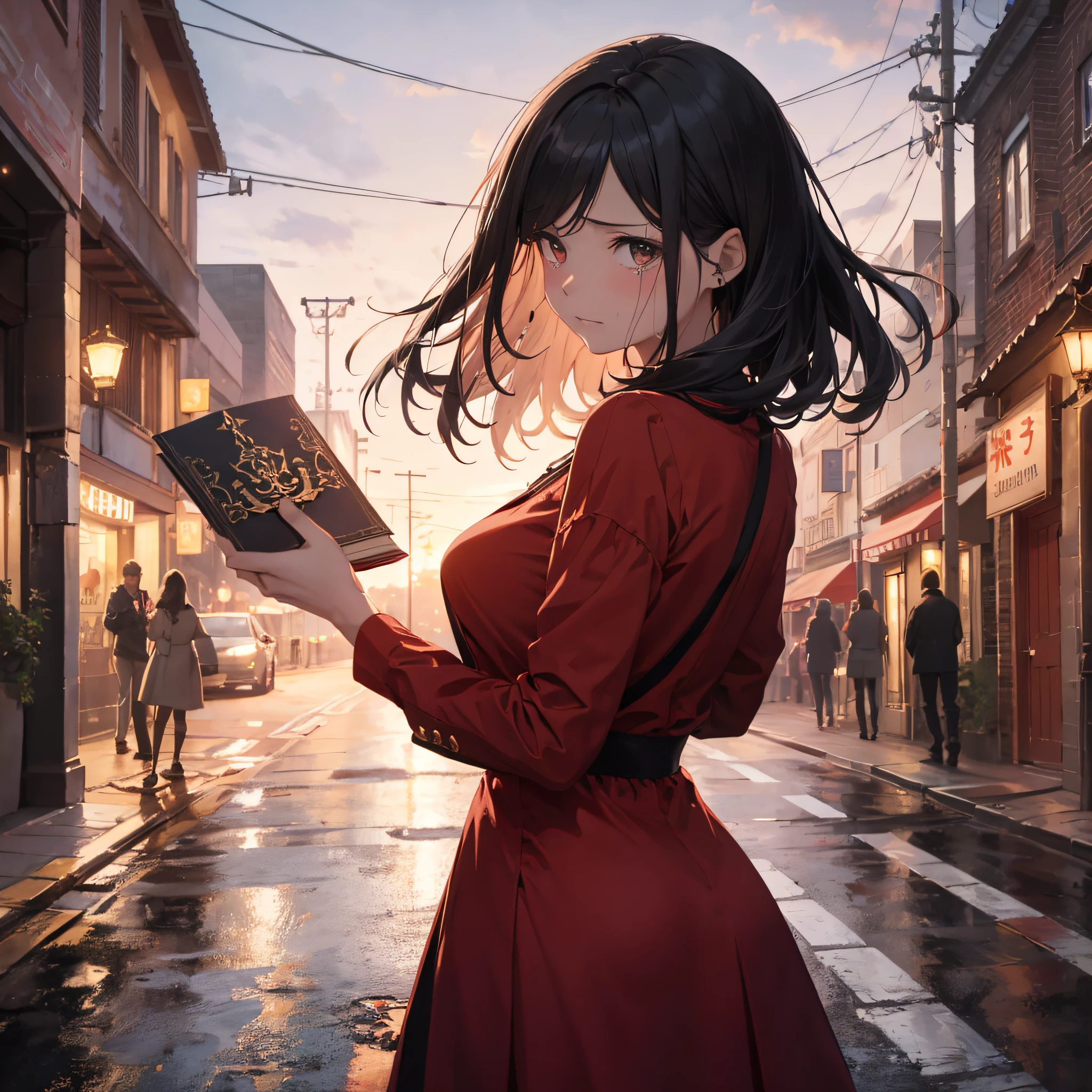 Absurd resolution, high resolution, (masterpiece: 1.4), hyperdetail, night, black-haired young woman in red dress, crying expression, open hands, in the middle of an empty street, holding a red book