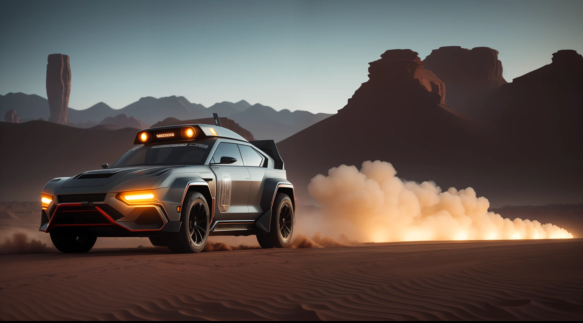 A modified futuristic vehicle roars through the desert, leaving a trail of dust as it heads to a clandestine technological oasis. The vehicle's LED lights flash in vibrant colors, contrasting with the arid vastness around it. cyberpunk aesthetics, action film shot by Kon Satoshi, Semi Impasto style, matte paint, atmospheric, bright, dramatic lighting
