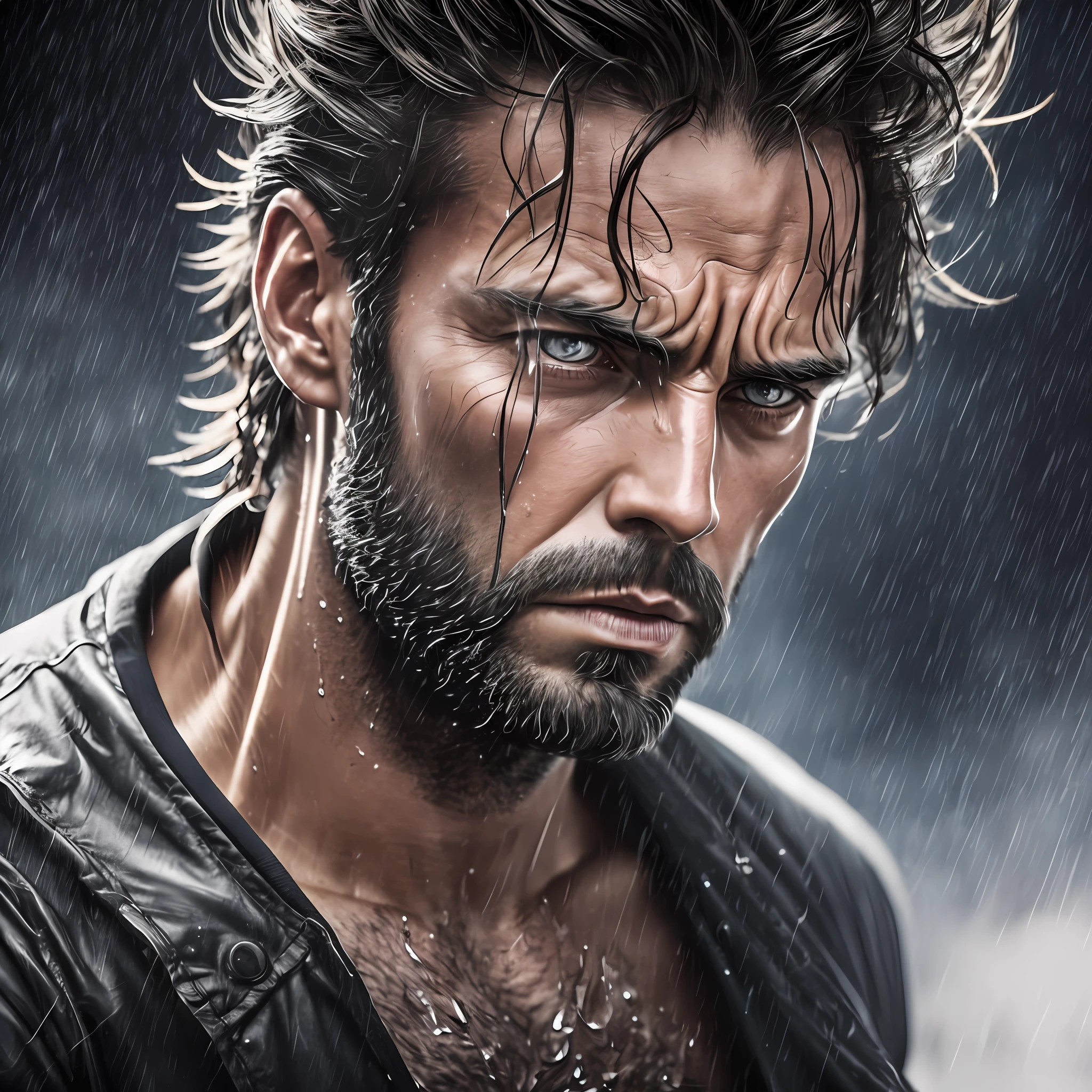 Wolverine bearded, front, frontal, sweaty, tired face, muscular, indignant, wet, training, Camera away, (focus sharp:1.2), an award-winning photo of a struggling fighter, portrait, drops of water, expression of tiredness , 30 years old, storm outside, lightning backlighting, , lines on face, wrinkles, extremely detailed skin, sadness, dark skin tone, hopelessness, beautiful bleary eyes, (deep shadows:1.1), high contrast, absurd, 8k , (high quality: 1.3), artstation hd, concept art, detailed face and body, award winning photography, (Poor lighting-moody:1.2), depth of field, bokeh, 4K, hdr, mean face --auto --s2