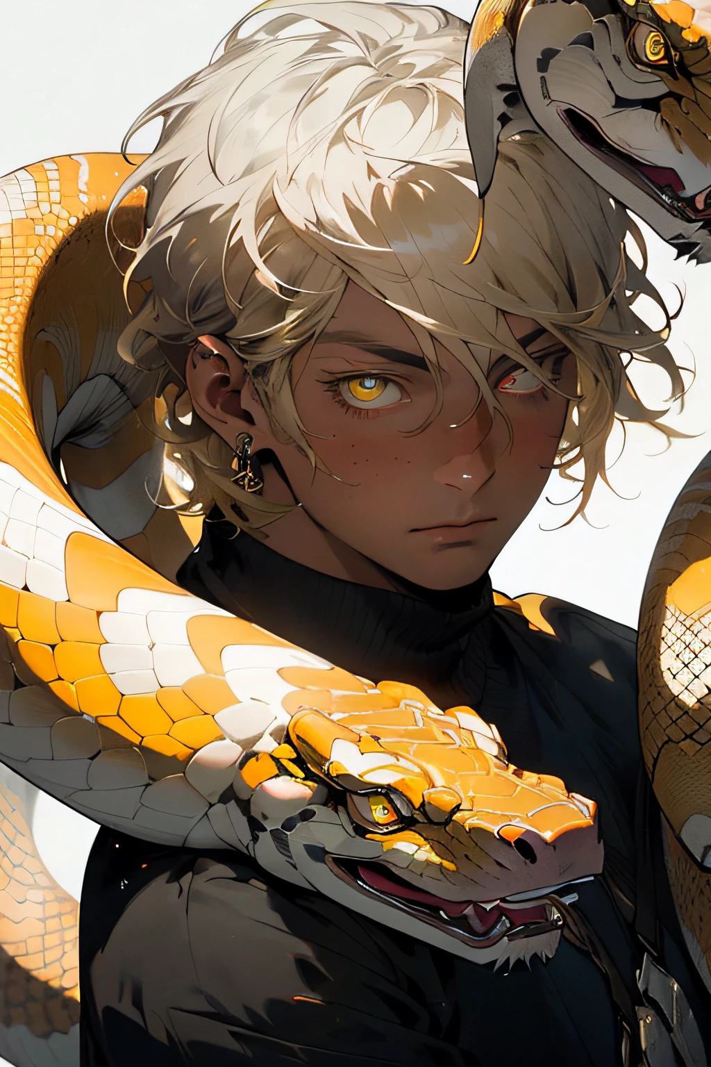Realistic, (Masterpiece, Superior Quality, Best Quality, Official Art, Beauty and Aesthetics: 1.2), Very Detailed, Fractal Art, Colorful, More Detailed, Zentangle, (Abstract Background: 1.5) (1adult: 1.5), God, Golden Hair, Short Hair, (Shining Snake Yellow Eyes), Mysterious, (Magic), Ice, Beautiful Man, European Style