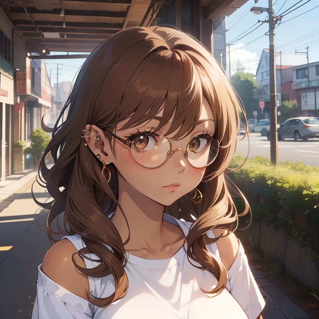 ((masterpiece)), ((best quality)), ((anime profile style)), ((brown skin)), 20 year old girl, ((light brown eyes)), ((perfect)), ((round transparent glasses)), eyebrow, nose, ear, ((ear piercing)), mouth, ((curly hair)), neck, shoulders, arms, ((White long shirt)), background scenery