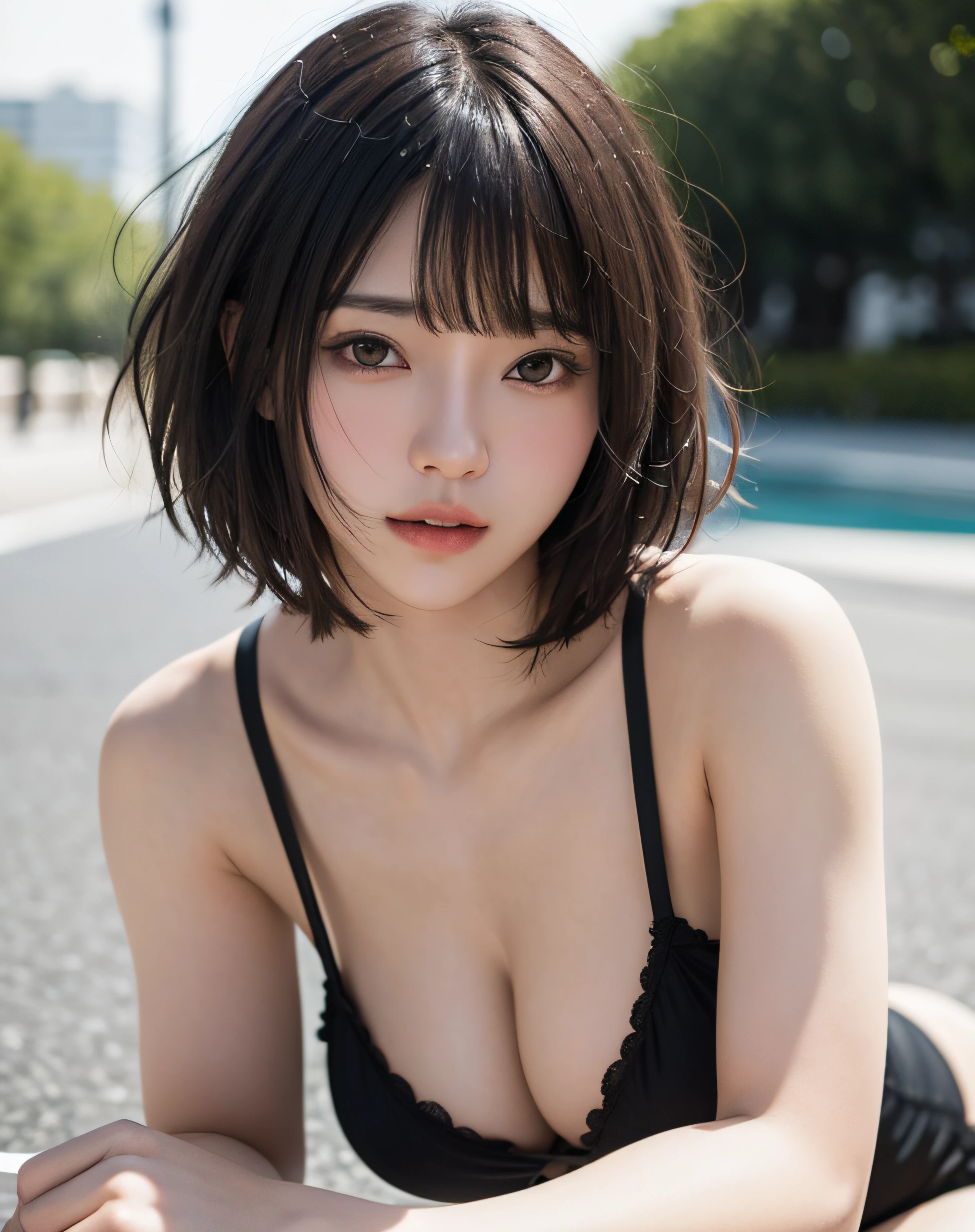 zydG, 1girl, detailed skin, looking at viewer, brown eyes, (short hair with bangs:1.2), (medium breasts:1.0), (medium areolae:0.8), 
(photorealistic:1.4), (best quality:1.0), (ultra highres:1.0), 8k, RAW photo, (masterpiece:0.2), (pureerosface_v1:0.5)