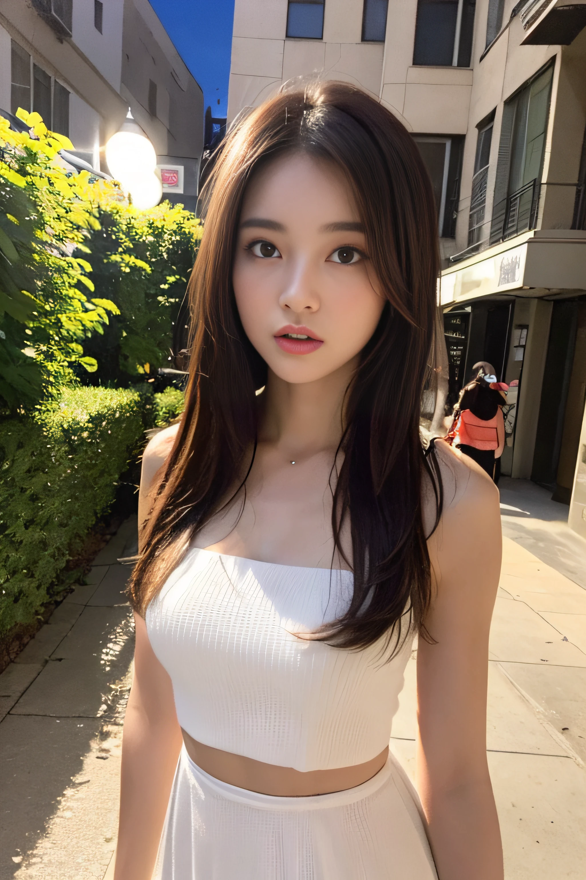 ((Realistic lighting, Best quality, 8K, Masterpiece: 1.3)), Focus: 1.2, 1girl, Perfect Figure: 1.4, Slim Abs: 1.1, ((Dark brown hair)), (White dress: 1.4), (Outdoor, Night: 1.1), City streets, Super fine face, Fine eyes, Double eyelids,