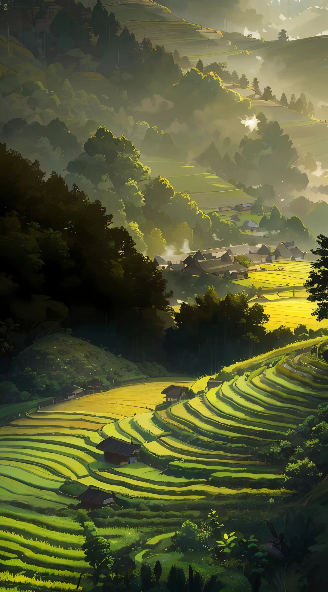 Large expanses of terraced fields, mountains, huts, with rice fields, rice fields, neat rice seedlings in the fields, misty rain, villages, agriculture, in the tranquil landscape, misty weather, in the vast tranquil landscape, in the early morning, in the morning mist, behind a small village, mist, Japanese countryside, thatched roofs --v 6