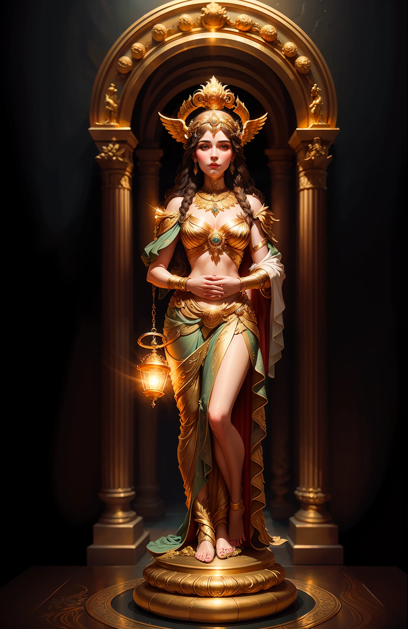 ((best quality)), ((masterpiece)), ((realistic)), Themis, the goddess of justice, full body, standing next to a golden arch, female face, real aura, trend in artstation, sharp focus, studio photo, intricate detail, very detailed, detailed eye, illustration, very detailed, sharp focus, digital rendering, professional, 4k