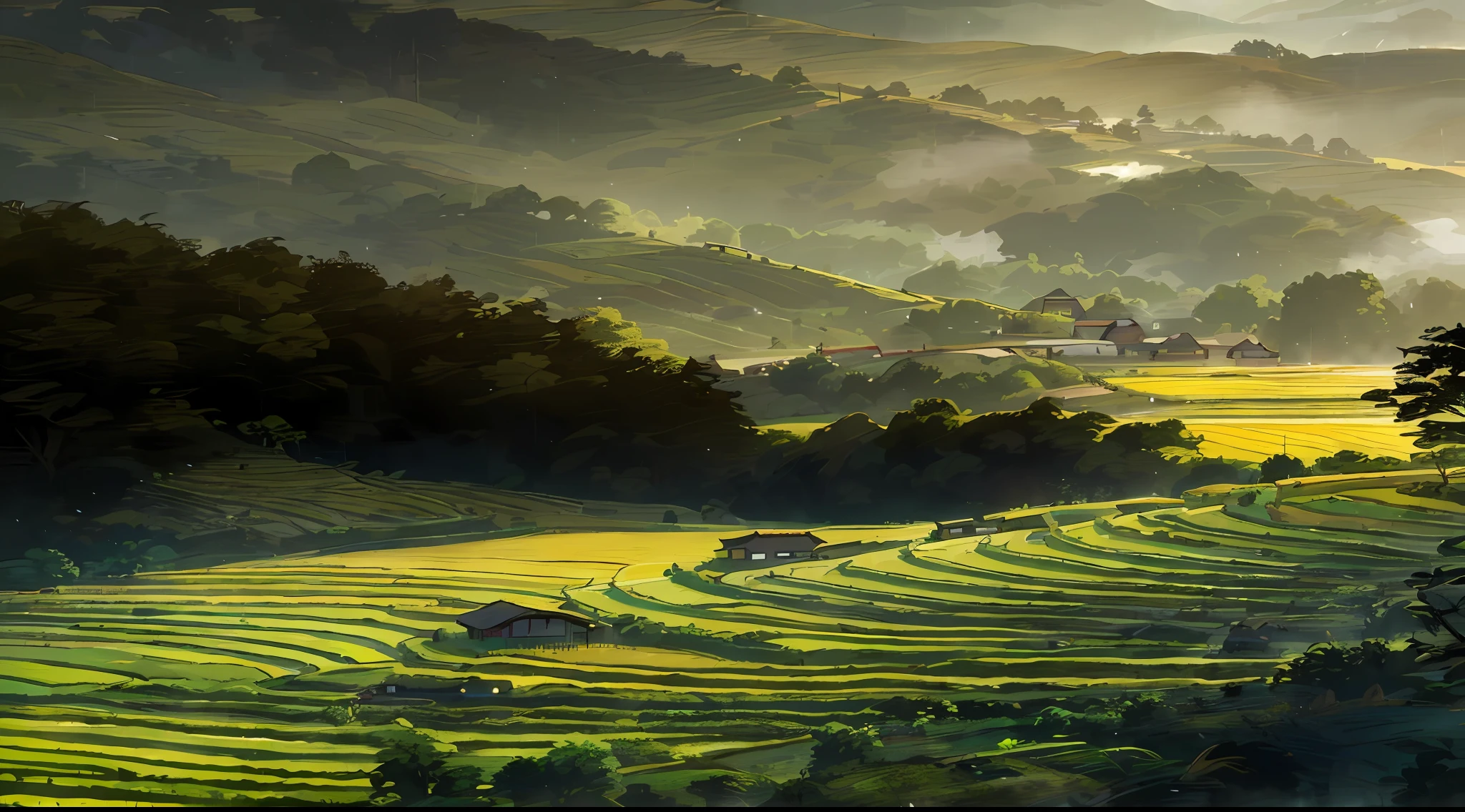 Large expanses of terraced fields, mountains, huts, with rice fields, rice fields, neat rice seedlings in the fields, misty rain, villages, agriculture, in the tranquil landscape, misty weather, in the vast tranquil landscape, in the early morning, in the morning mist, behind a small village, mist, Japanese countryside, thatched roofs --v 6