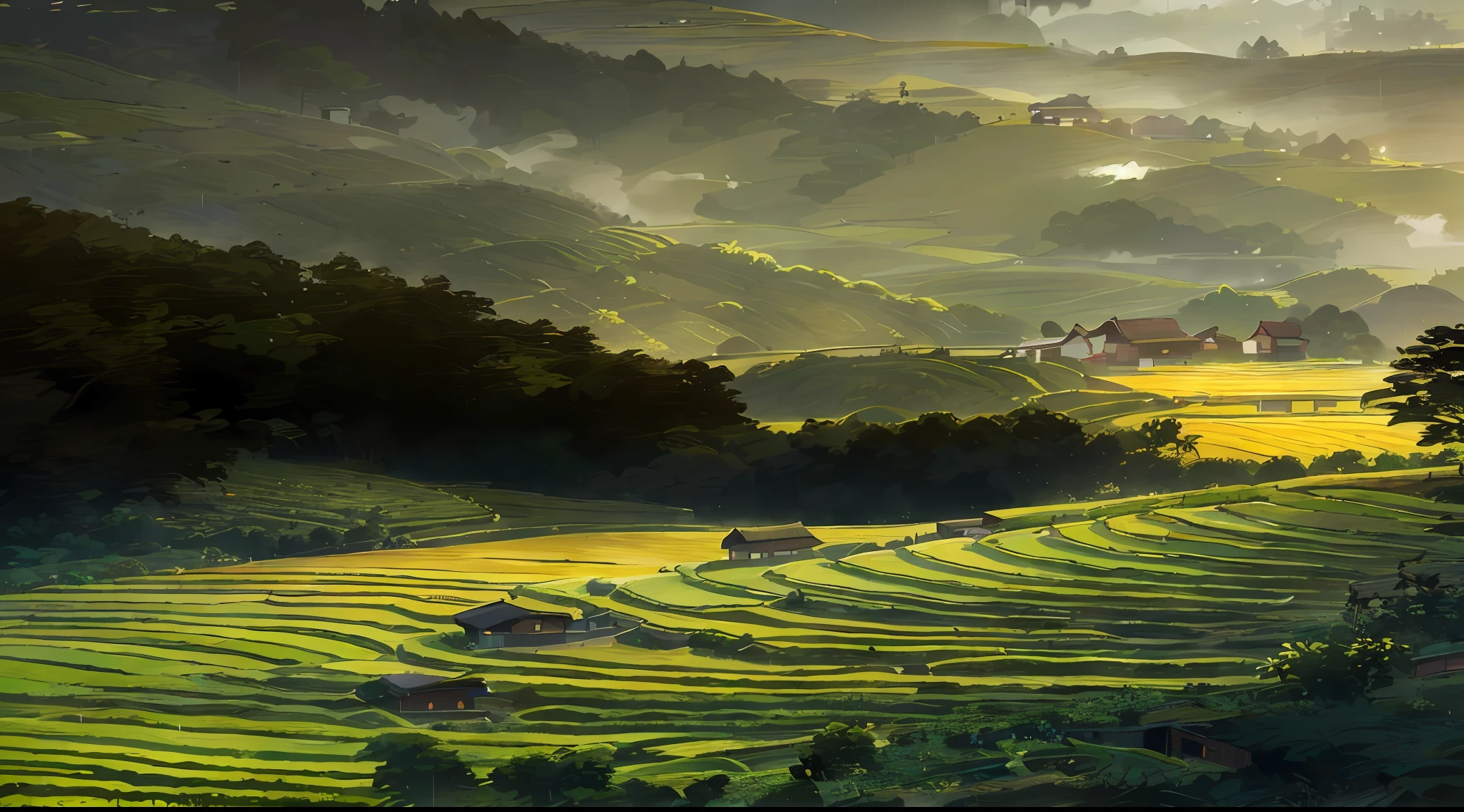 Large expanses of terraced fields, mountains, huts, with rice fields, rice fields, neat rice seedlings in the fields, misty rain, villages, agriculture, in the tranquil landscape, misty weather, in the vast tranquil landscape, in the early morning, in the morning mist, behind a small village, mist, Japanese countryside, thatched roofs --v 6