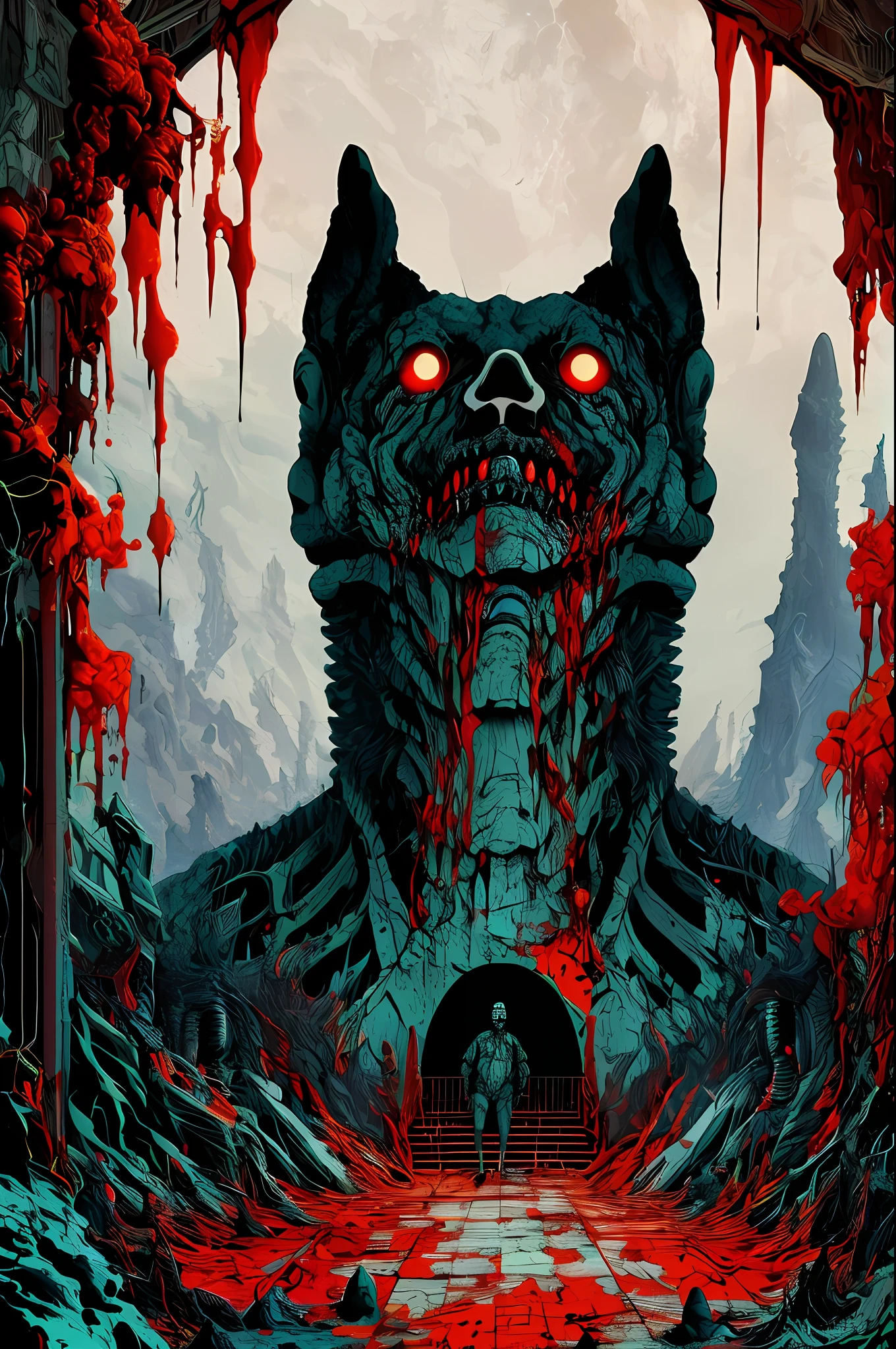 Cerberus guarding the entrance to hell, war, horror, cosmic terror, dark tones, morbid atmosphere, nuclear disaster, dystopia, lovecraft, sci-fi, blood, apocalypse, by Kilian Eng