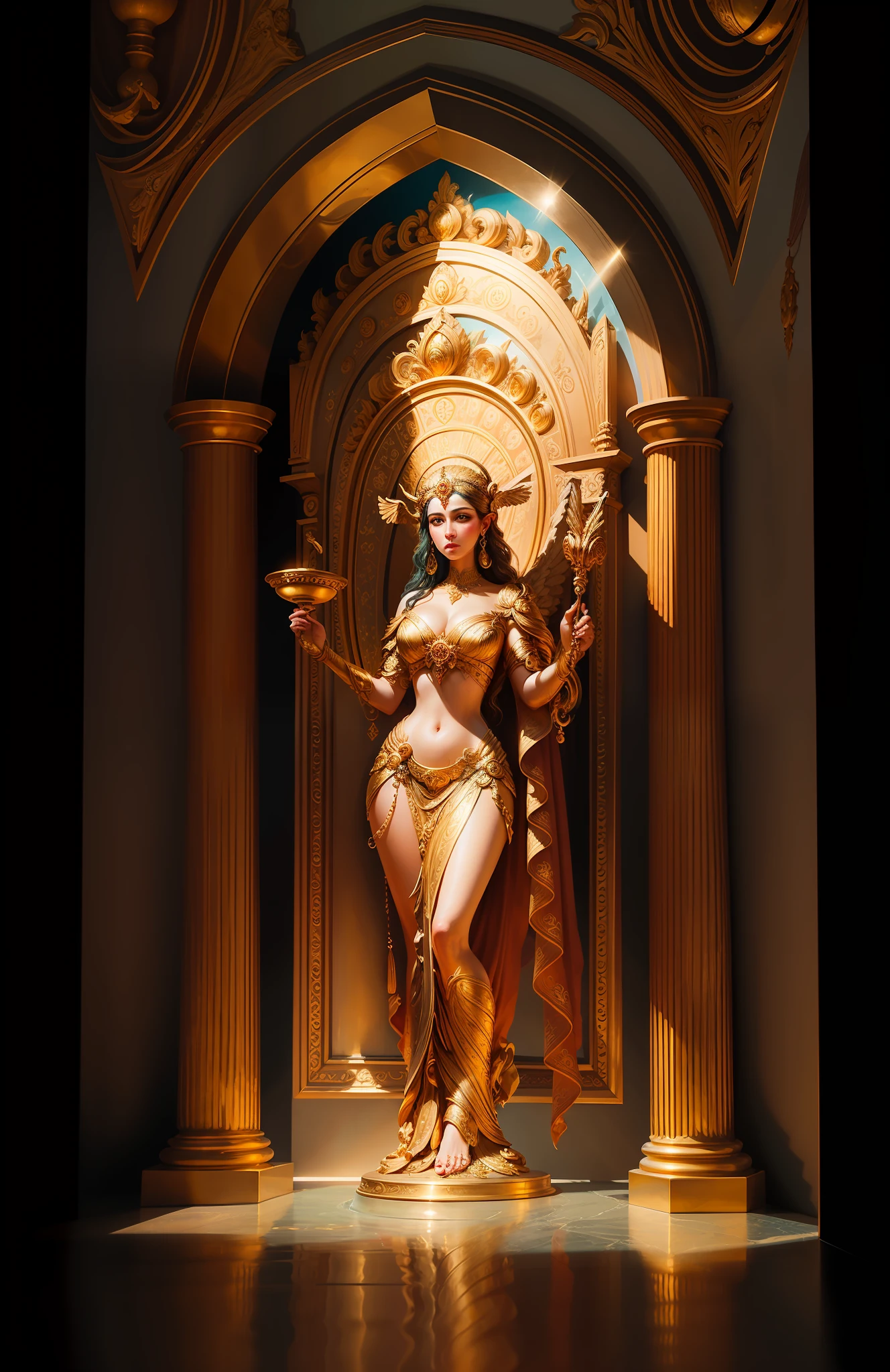 ((best quality)), ((masterpiece)), ((realistic)), Themis, the goddess of justice, full body, standing next to a golden arch, female face, real aura, trend in artstation, sharp focus, studio photo, intricate detail, very detailed, detailed eye, illustration, very detailed, sharp focus, digital rendering, professional, 4k