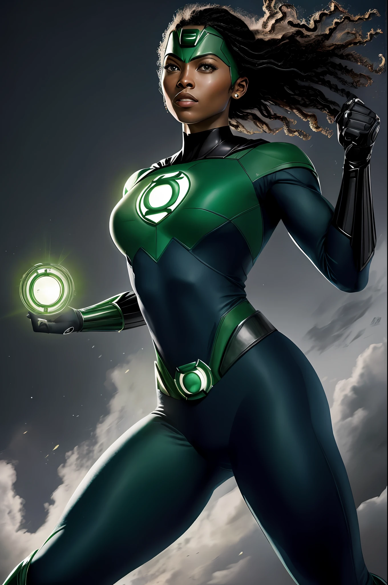 (16k, RAW photo, best quality, masterpiece: 1.2), ultra-detailed, formal art, photorealism: 1.37, upper body photo, woman ((AFRICAN AMERICAN,beauty, DC Green Lantern superhero, film grain, action pose