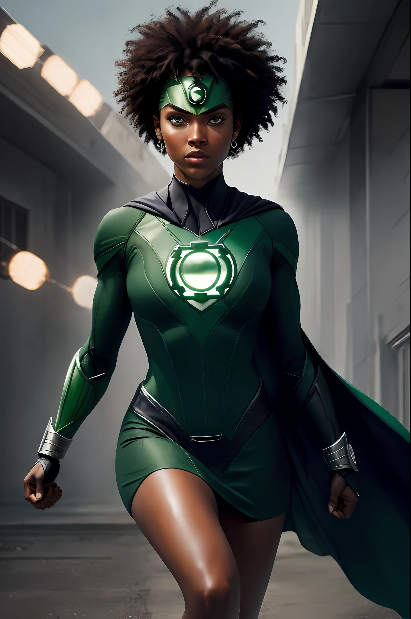 (16k, RAW photo, best quality, masterpiece: 1.2), ultra-detailed, formal art, photorealism: 1.37, upper body photo, woman ((AFRICAN AMERICAN,beauty, DC Green Lantern superhero, film grain, action pose