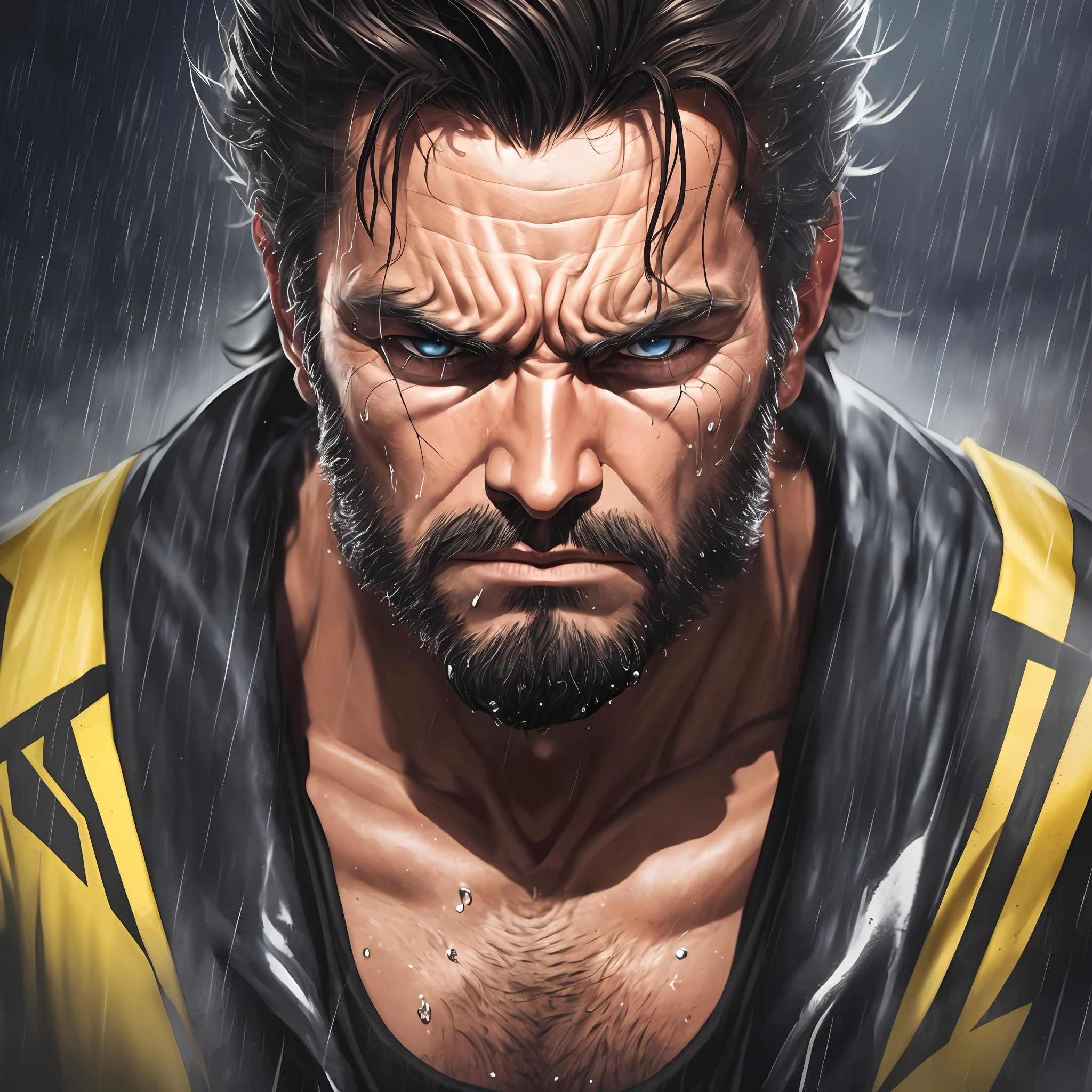 wolverine with yellow and black suit taking out his claws, bearded, front, frontal, sweaty, tired face, muscular, indignant, wet, training, Camera away, (focus sharp:1.2), an award-winning photo of a struggling fighter, portrait, drops of water, expression of tiredness , 30 years old, storm outside, lightning backlighting, , lines on face, wrinkles, extremely detailed skin, sadness, dark skin tone, hopelessness, beautiful bleary eyes, (deep shadows:1.1), high contrast, absurd, 8k , (high quality: 1.3), artstation hd, concept art, detailed face and body, award winning photography, (Poor lighting-moody:1.2), depth of field, bokeh, 4K, hdr, mean face --auto --s2