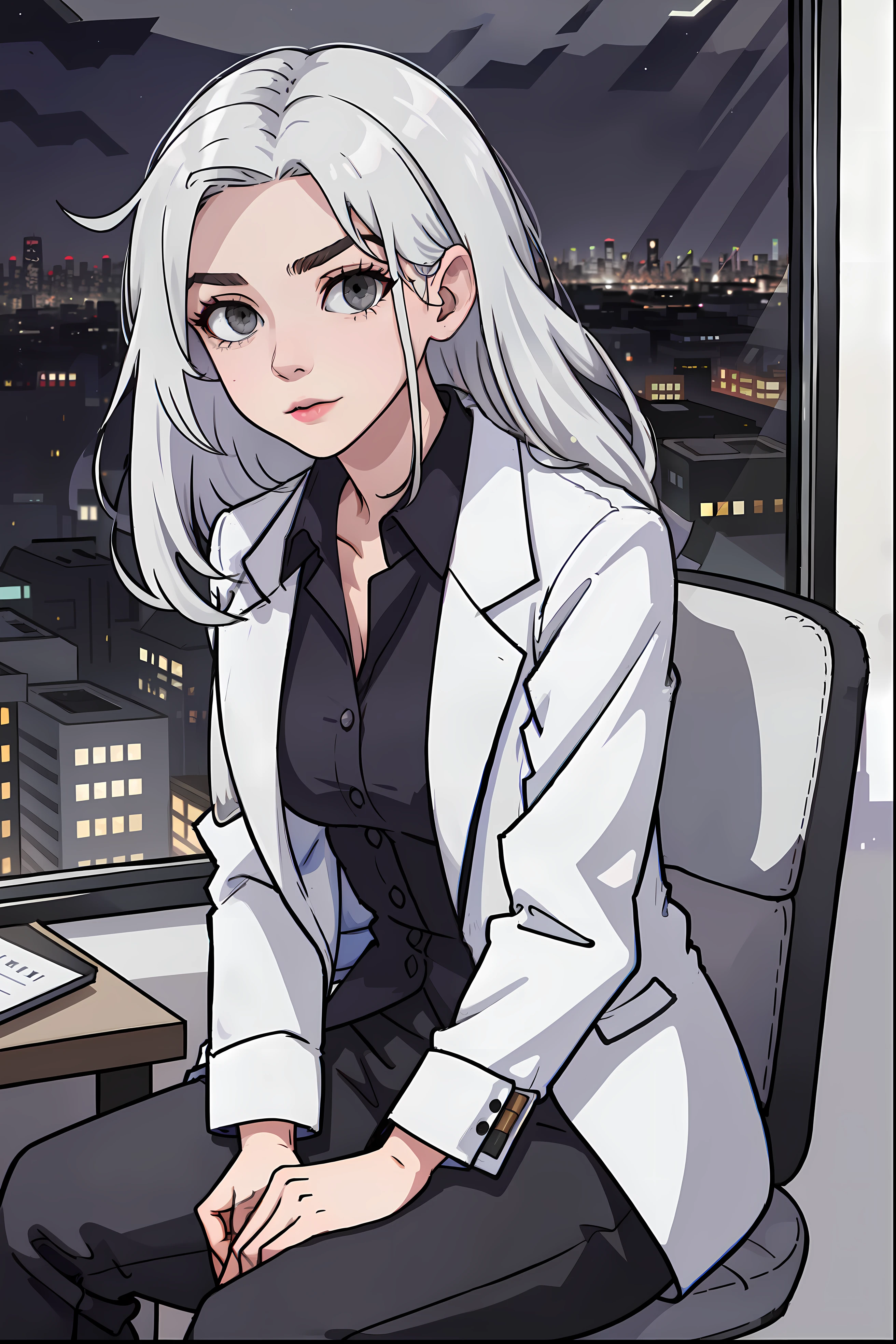 Woman wearing business outfit, formal blazer, white blouse, beautiful, masterpiece, best quality, perfect lighting, (white hair:1.2), long hair, (grey eyes:1.2), slender build, thin, medium breasts, business woman, ceo, sitting in luxurious black leather office chair, giant modern window with view of nighttime city skyline in background, close up