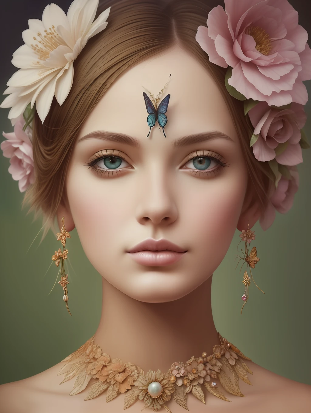 A botanical whimsical masterpiece in the style of Marco Mazzoni, detailed, hyper-realistic, elemets of symbolism and surrealism, intricate design, insanely beautiful woman, flowers, butterflies, pastel, golden and jewelry details, looking at the viewer, looking straight to the camera.