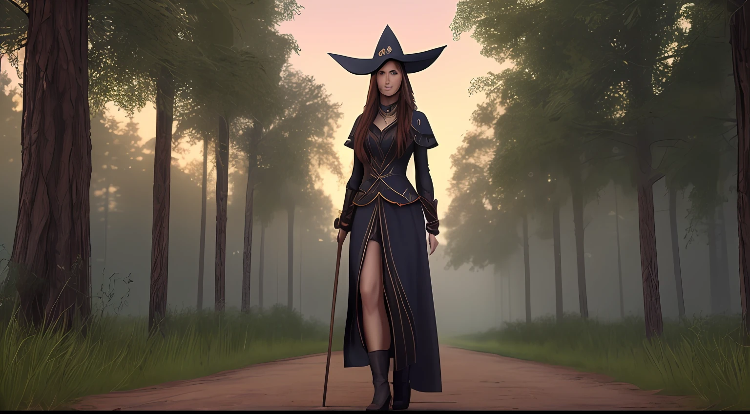 Sorceress, pointed hat, staff, detailed, forest at night, 4k --auto