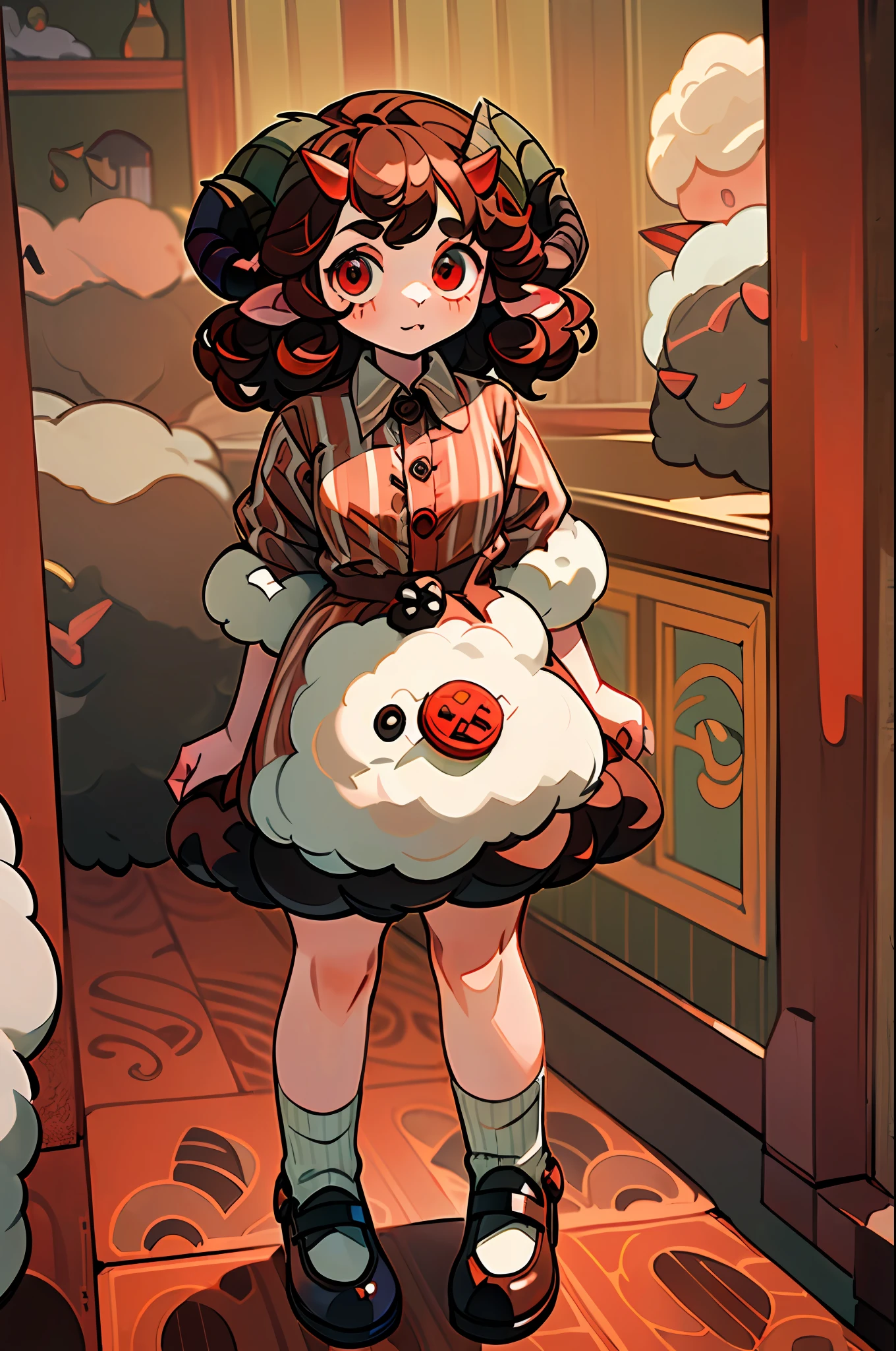((Full body):1.5),((9-year-old girl /with sheep's horns):1.5) ,((brown curly hair):1.2), (wearing red striped button-down shirt:1.4), ((red eyes):1.3), looking at the viewer, in a (new/modern house),4k,large hips
