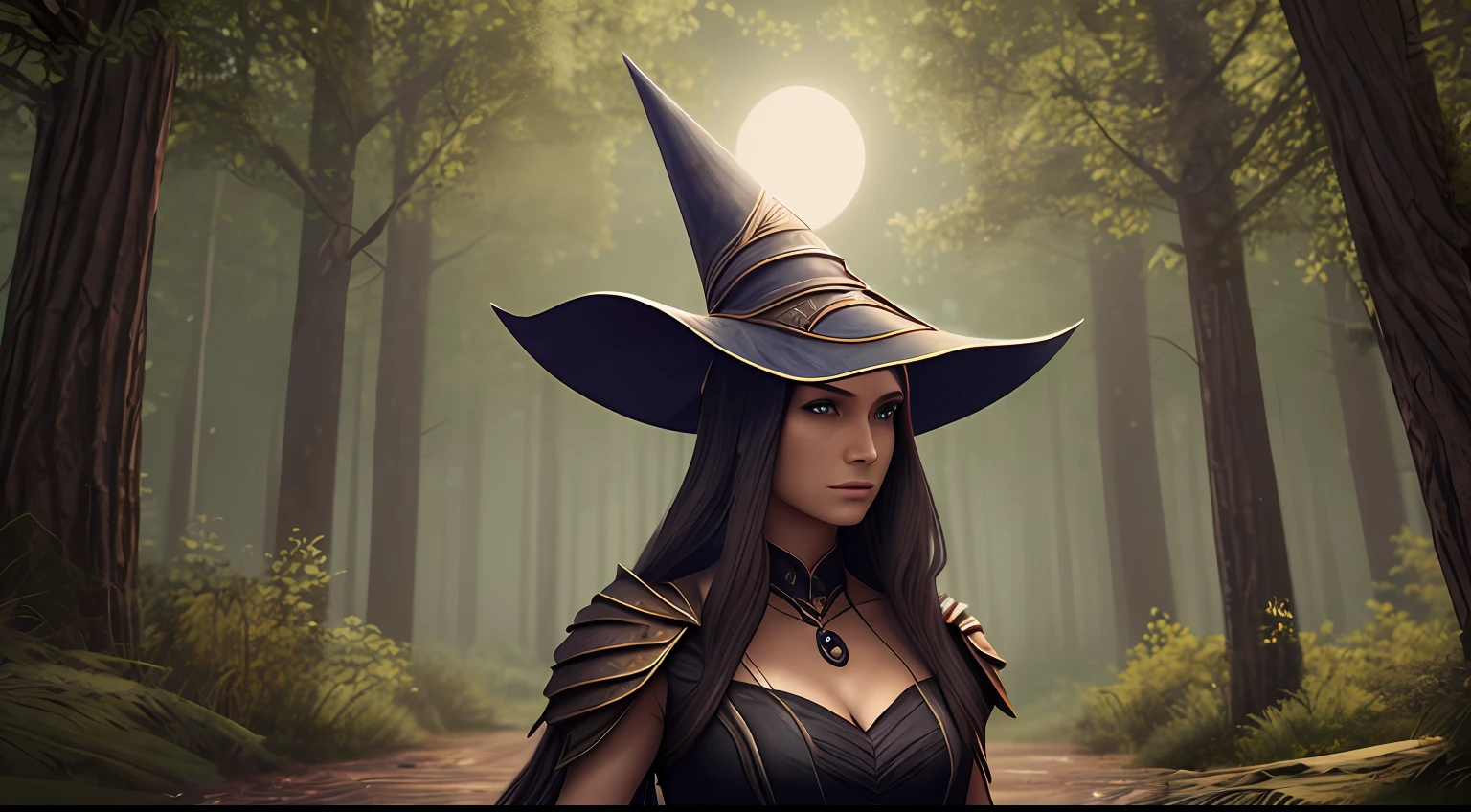 Sorceress, pointed hat, staff, detailed, forest at night, 4k --auto