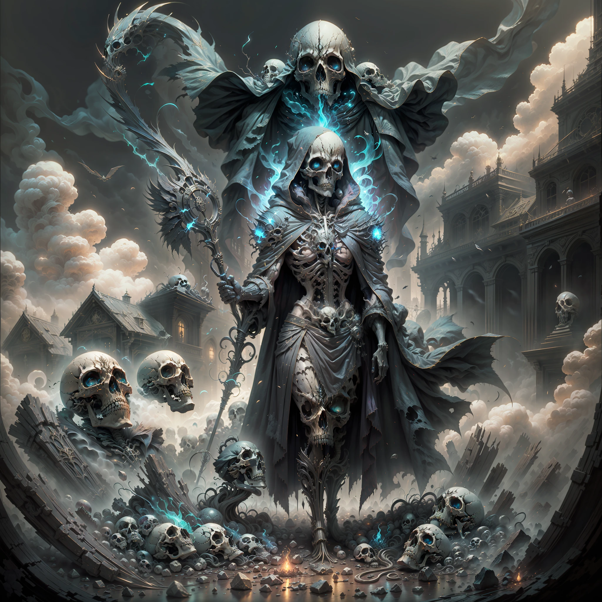 Welcome to a world of realism and fantasy, where the shadowy figure of Death stands before you. Inspired by artists like Phil Koch and Joseph Christian Leyendecker, this is a masterpiece that combines elements of mystery, fear and magic.
You will find yourself before a spectral figure, with the face shaped like a skull of death. Her predatory eyes glow with dark magic as she moves around the scenery, wrapped in a hood and black cloak of old fabric and occult symbols.
Death carries a death scythe in his skeletal hands, a symbol of his ruthless and inevitable nature. His body is a skull, his bones exp