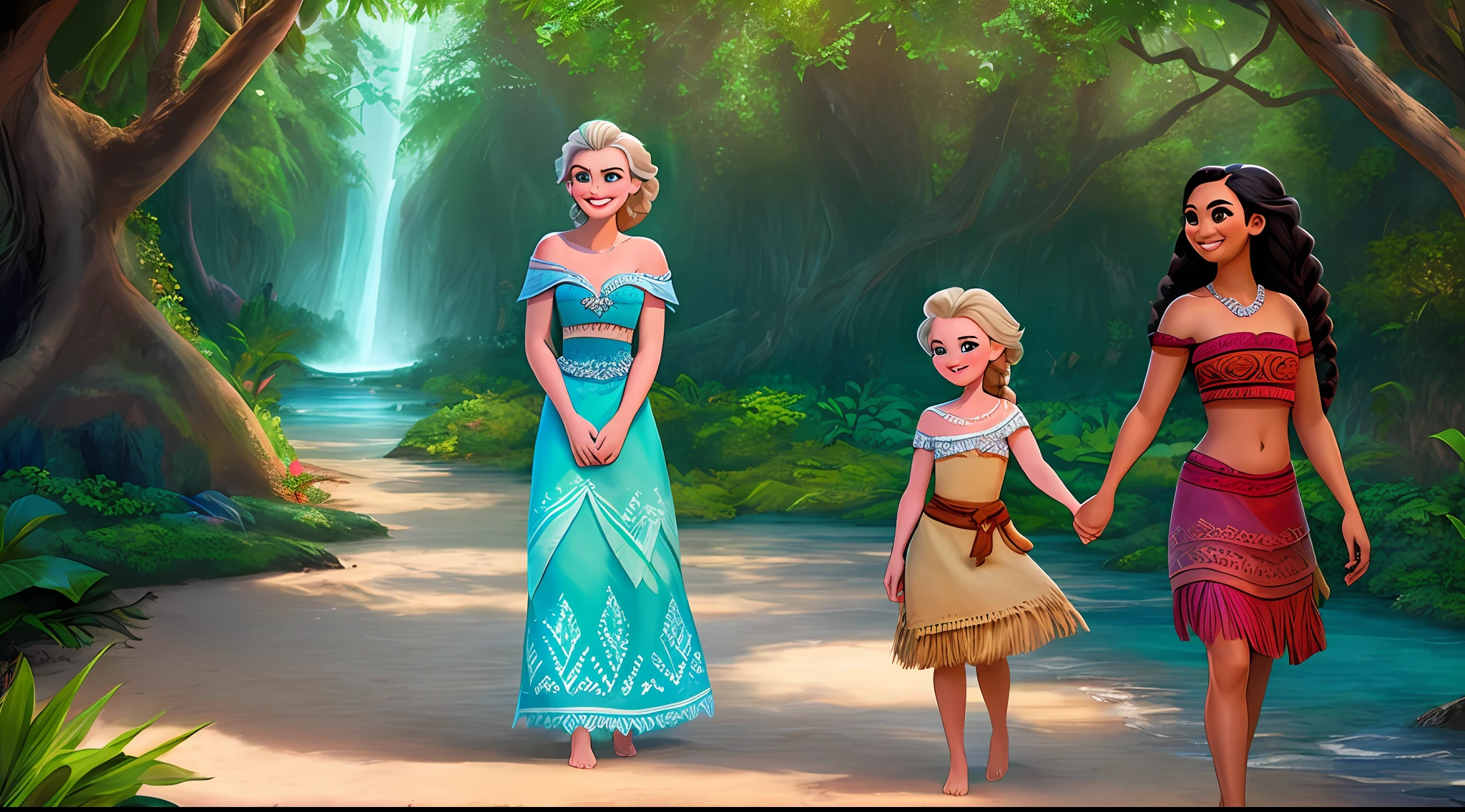 Moana and Elsa together in a magical forest