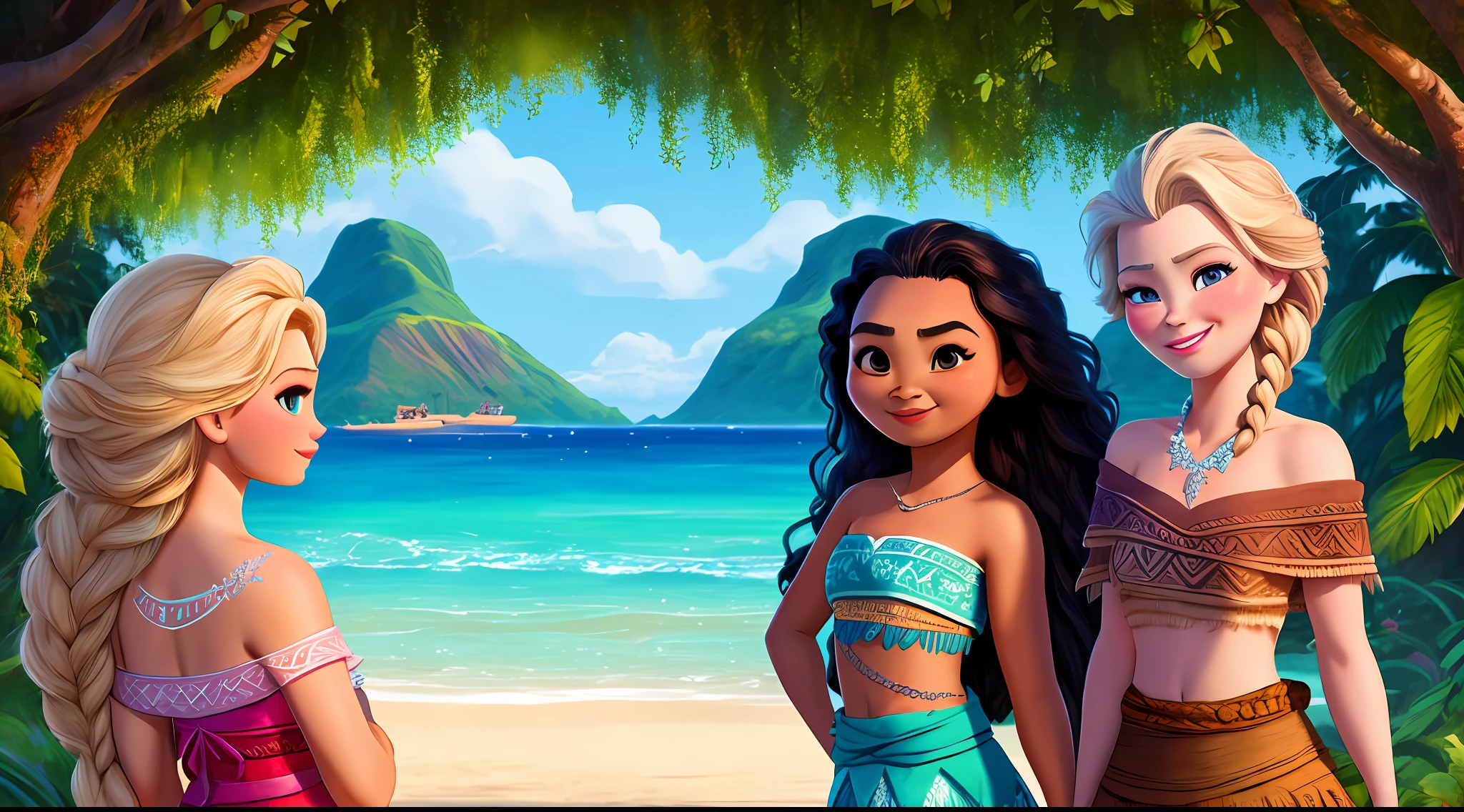 Moana and Elsa together in a magical forest