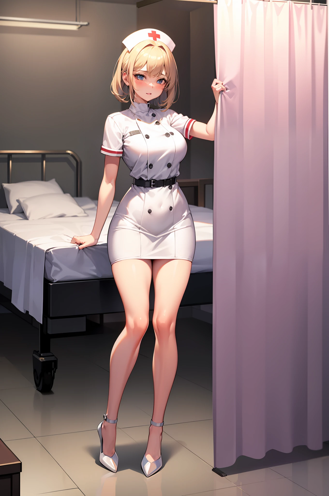 Infirmary, curtains, 1girl, full body, nurse, white dress, masterpiece, best quality, very detailed, anal_beads,, egg_vibrator, cock_ring, hitachi_magic_wand, vibrator, double_dildo,,