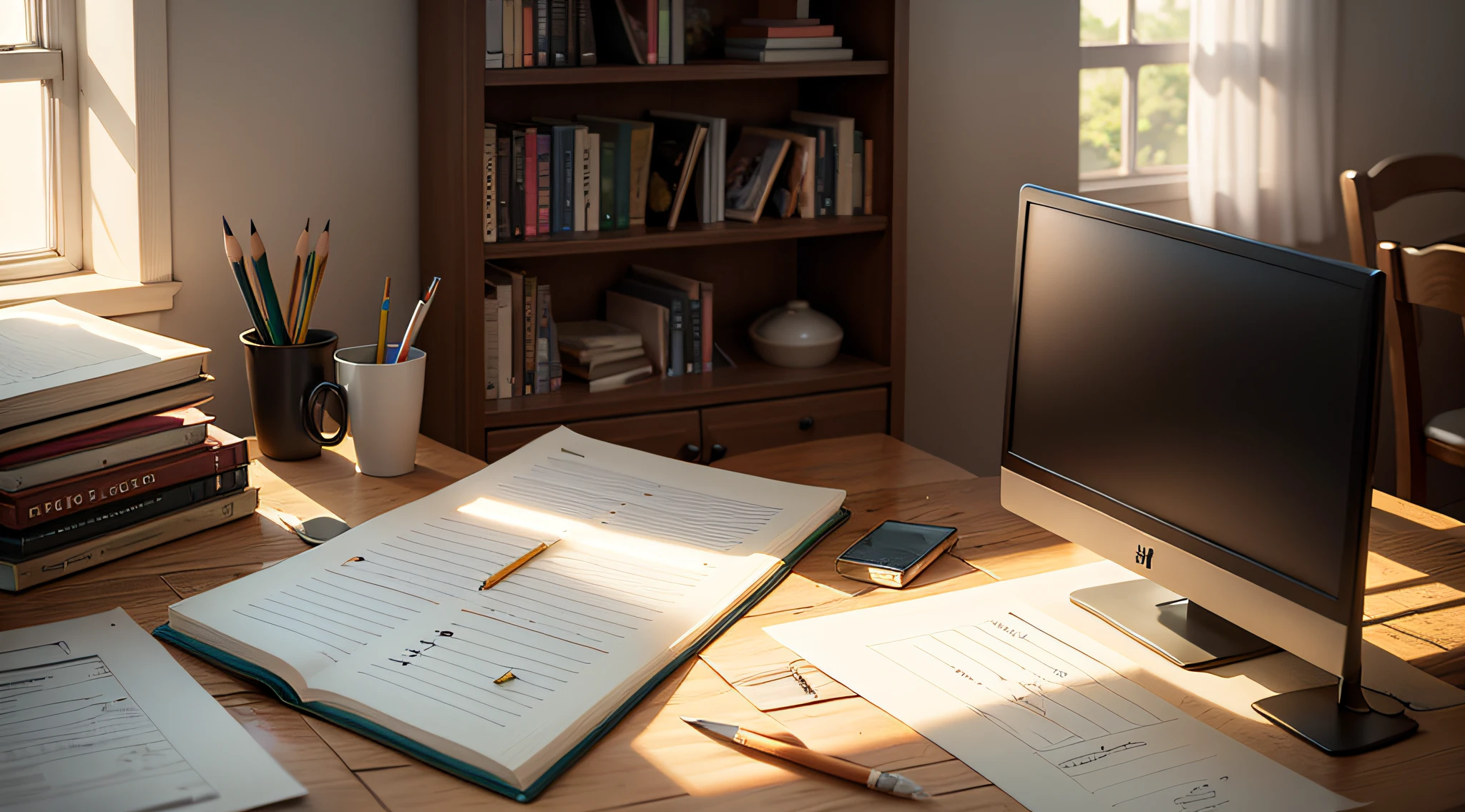 Computer wallpaper 8K, sketch, wooden frame, table, fine drawing, sunlight, bookshelf, pencil --auto