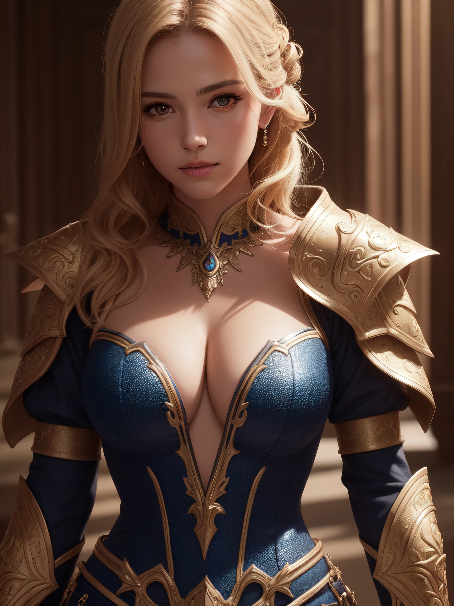 Full body model-shoot style, award winning digital art of an milf, updo blonde hair, intricately detailed paladin clothing, in a fantasy castle, d&d, masterpiece, best quality, high contrast, soft lighting, backlighting, bloom, light sparkles, chromatic aberration, smooth, sharp focus Best quality, masterpiece, ultra high res, (photorealistic:1.4), raw photo, sharp focus, HDR, detailed skin. Best quality, masterpiece, ultra high res, (photorealistic:1.4), raw photo, sharp focus, HDR, detailed skin.