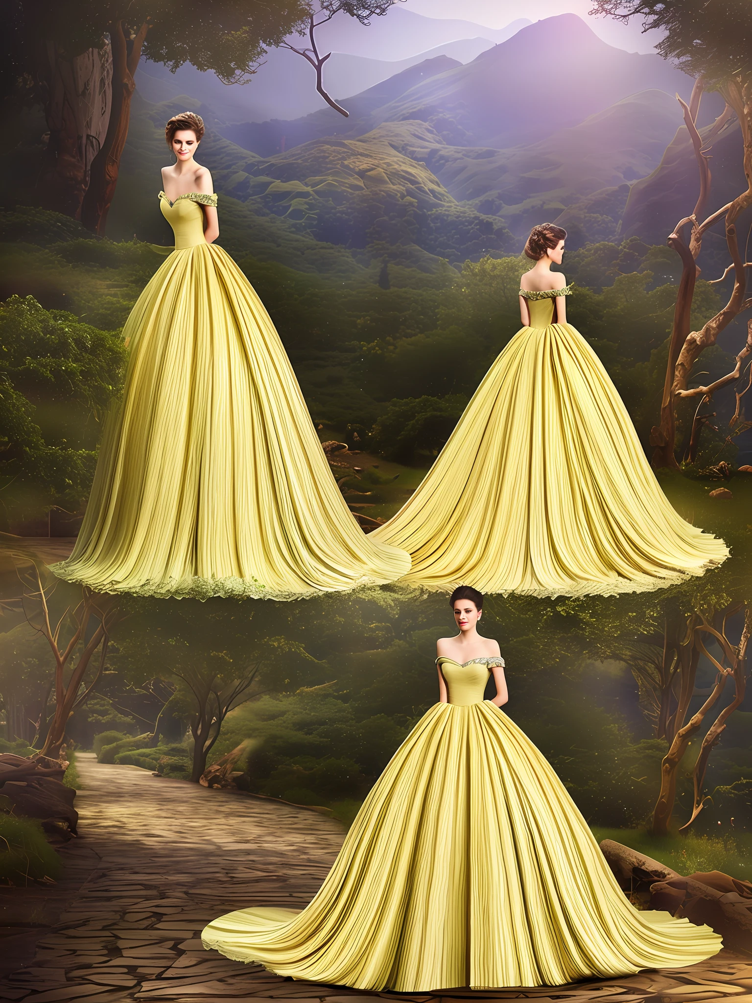 a golden ball gown with a large ruffled skirt and a large train, fantasy dress, magical dress, golden dress, light yellow, romantic gown, royal gown, romantic dress, royal dress, ornate royal gown, garbed in a yellow gown, golden, gown, soft elegant gown, extravagant dress, long gown, beautiful gown,victorian dress