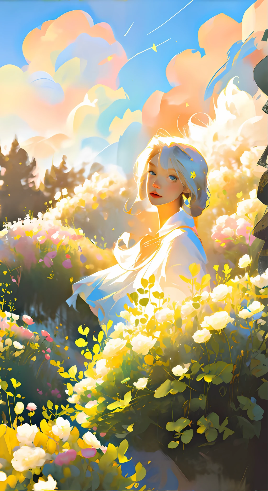 Illustration of a woman in a field of flowers a blue sky of clouds, beautiful illustration, beautiful painting, beautiful art uhd 4 k, beautiful art, a beautiful art illustration, art in the style of guweiz, beautiful painting, atey ghailan 8 k, artgerm and atey ghailan, girl in a field of flowers, butterflies.