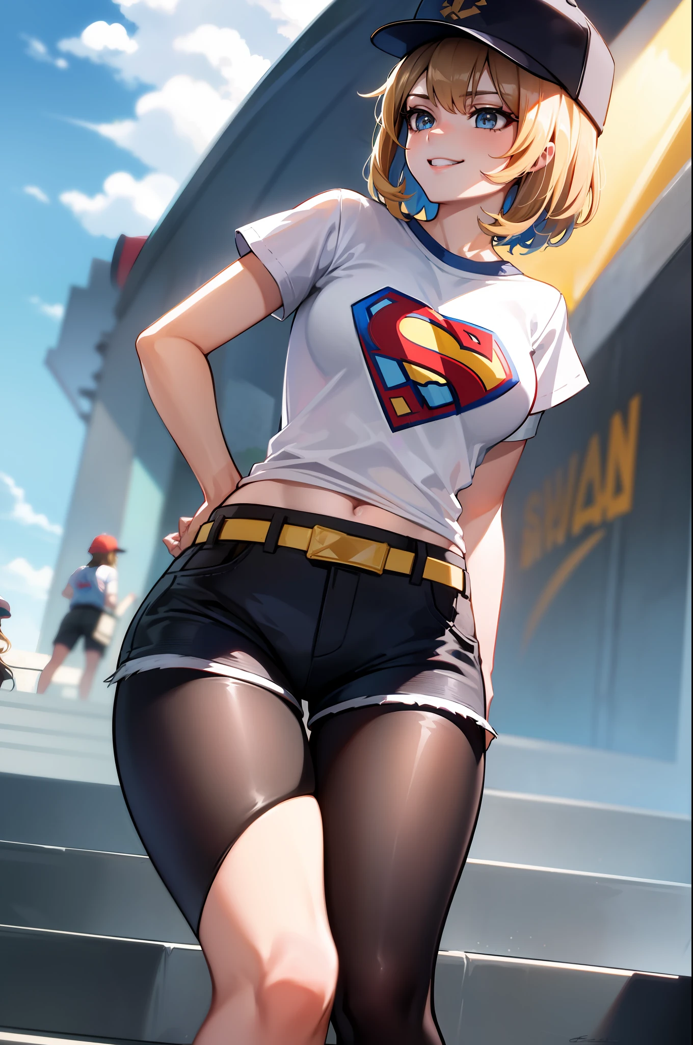 masterpiece, best quality, absurdists, perfect anatomy, 1girl, solo, Kjera, short blonde hair, hair flaps, baseball cap, graphic t-shirt with superman letter S on chest, jean shorts, pantyhose under shorts, sit, stairs, outdoor, city, dutch angle, smile