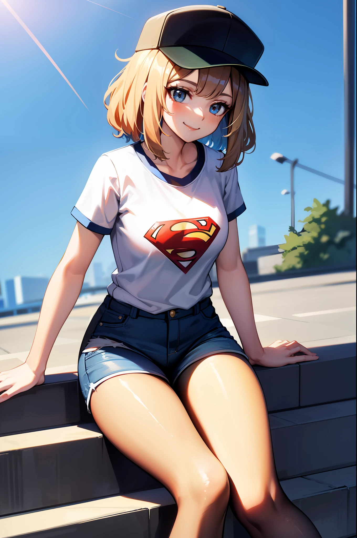 masterpiece, best quality, absurdists, perfect anatomy, 1girl, solo, Kjera, short blonde hair, hair flaps, baseball cap, graphic t-shirt with superman letter S on chest, jean shorts, pantyhose under shorts, sit, stairs, outdoor, city, dutch angle, smile