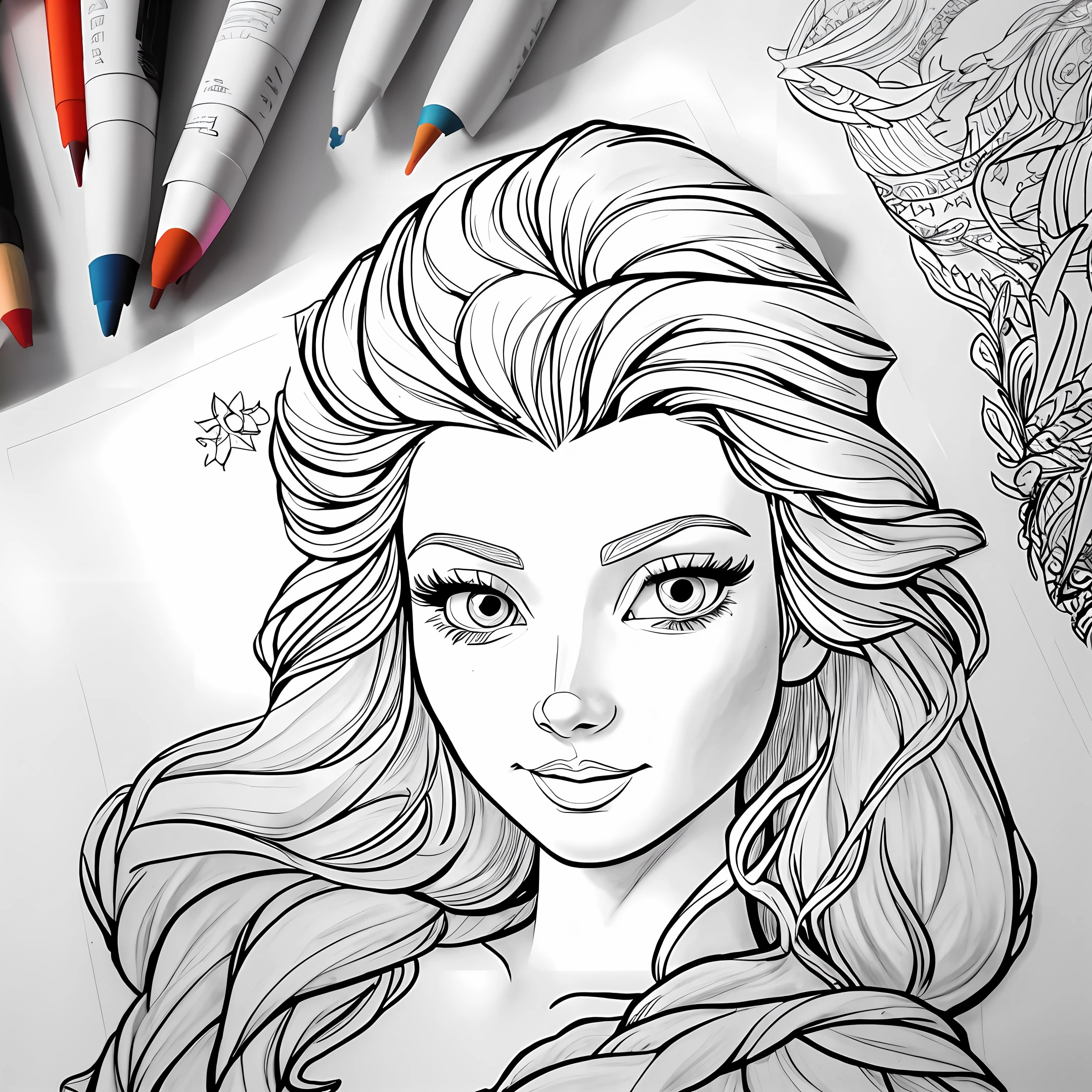 Princess Elsa, coloring page book, fine line, black and white