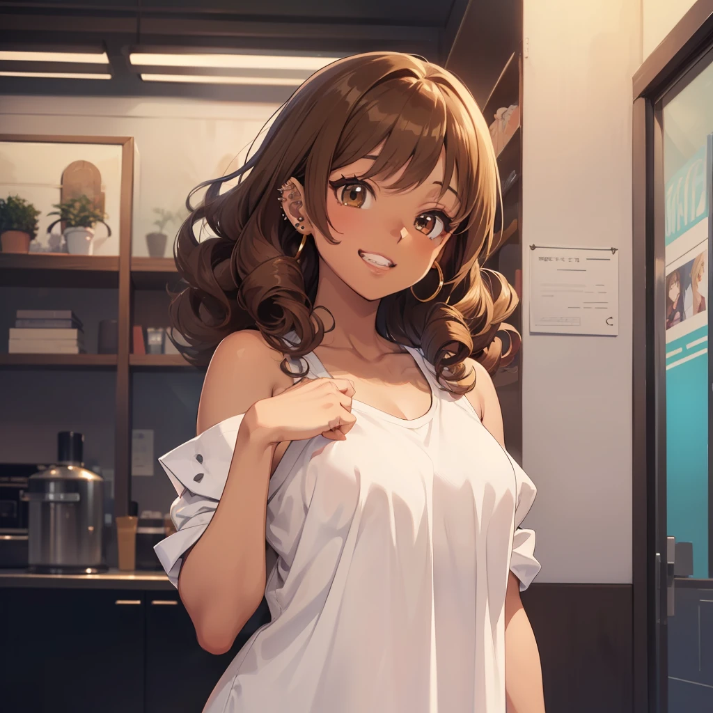 ((masterpiece)), ((best quality)), ((anime profile style)), ((brown skin)), 20 year old girl, ((light brown eyes)), ((perfect)), eyebrow, nose, ear, ((ear piercing)), mouth, smile, ((teeth showing)), ((curly hair)), neck, shoulders, arms, ((white long shirt)), background