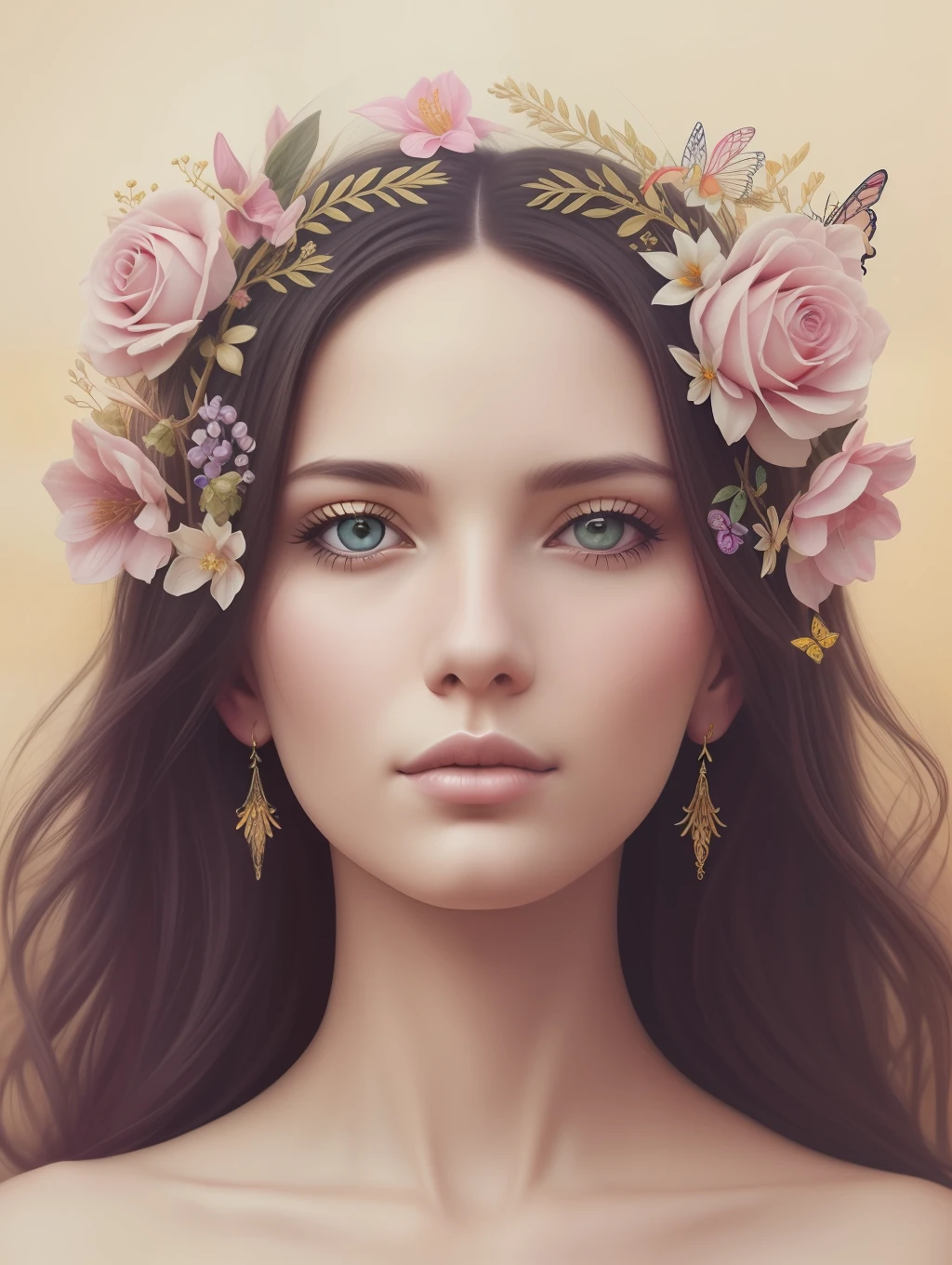 A botanical whimsical masterpiece in the style of Marco Mazzoni, detailed, hyper-realistic, elemets of symbolism and surrealism, intricate design, insanely beautiful woman, windy hair, flowers, butterflies, pastel, golden and jewelry details, looking at the viewer, looking straight to the camera.