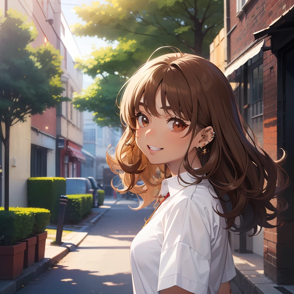 ((masterpiece)), ((best quality)), ((anime profile style)), ((brown skin)), 20 year old girl, ((light brown eyes)), ((perfect)), eyebrow, nose, ear, ((ear piercing)), mouth, smile, ((teeth showing)), ((curly hair)), neck, shoulders, arms, ((white long shirt)), background