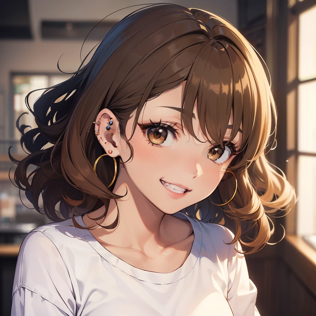 ((masterpiece)), ((best quality)), ((anime profile style)), ((brown skin)), 20 year old girl, ((light brown eyes)), ((perfect)), eyebrow, nose, ear, ((ear piercing)), mouth, smile, ((teeth showing)), ((curly hair)), neck, shoulders, arms, ((white long shirt)), background