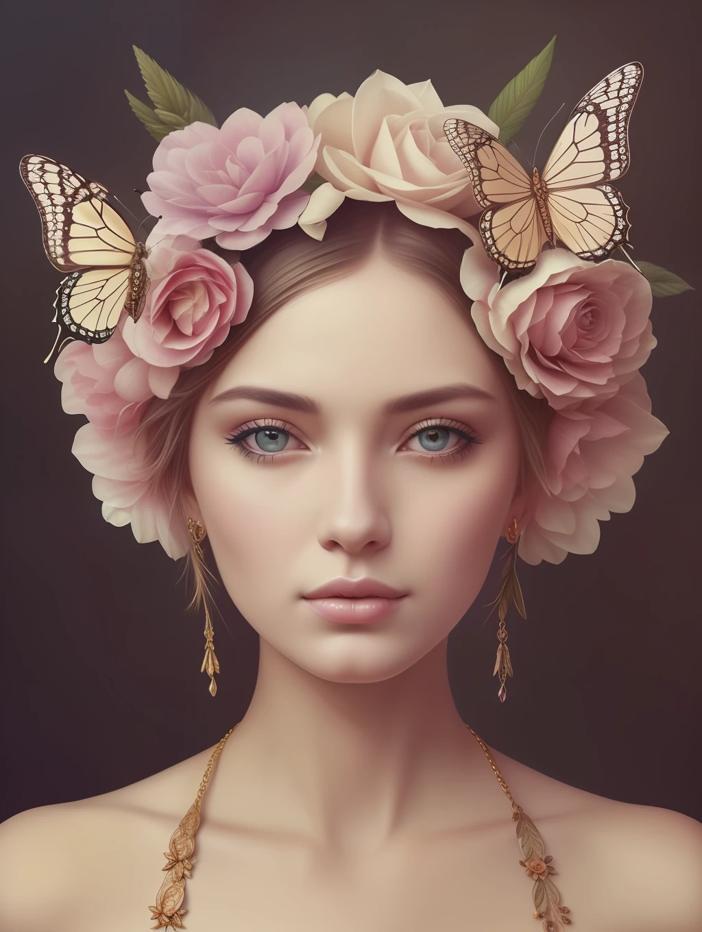 A botanical whimsical masterpiece in the style of Marco Mazzoni, detailed, hyper-realistic, elemets of symbolism and surrealism, intricate design, insanely beautiful woman, windy hair, flowers, butterflies, pastel, golden and jewelry details, looking at the viewer, looking straight to the camera.