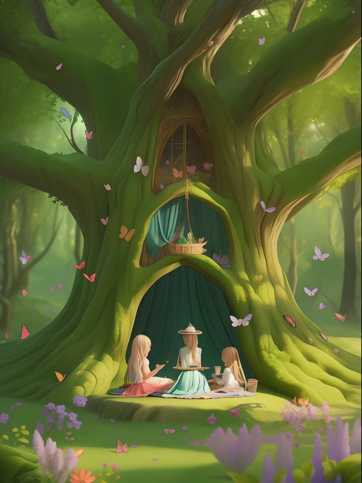 An enchanted forest with a picnic with three gils sitting and one fairy on a blanket in picnic, full of butterflies, colorful flowers and beautiful trees insanely detailedMaster professional photography, extreme textures and details, fairytale scenary background, 64K, An enchanted forest with a picnic with four gils sitting on a blanket, full of butterflies, colorful flowers and beautiful trees insanely detailed, surreal, unusual features and supernatural elements, soft lighting, emphasized beauty, intrigue, composition demonstrates elegance and supernatural charm, cute big circular reflective eyes, Pixar render, unreal engine cinematic smooth, intricate detail