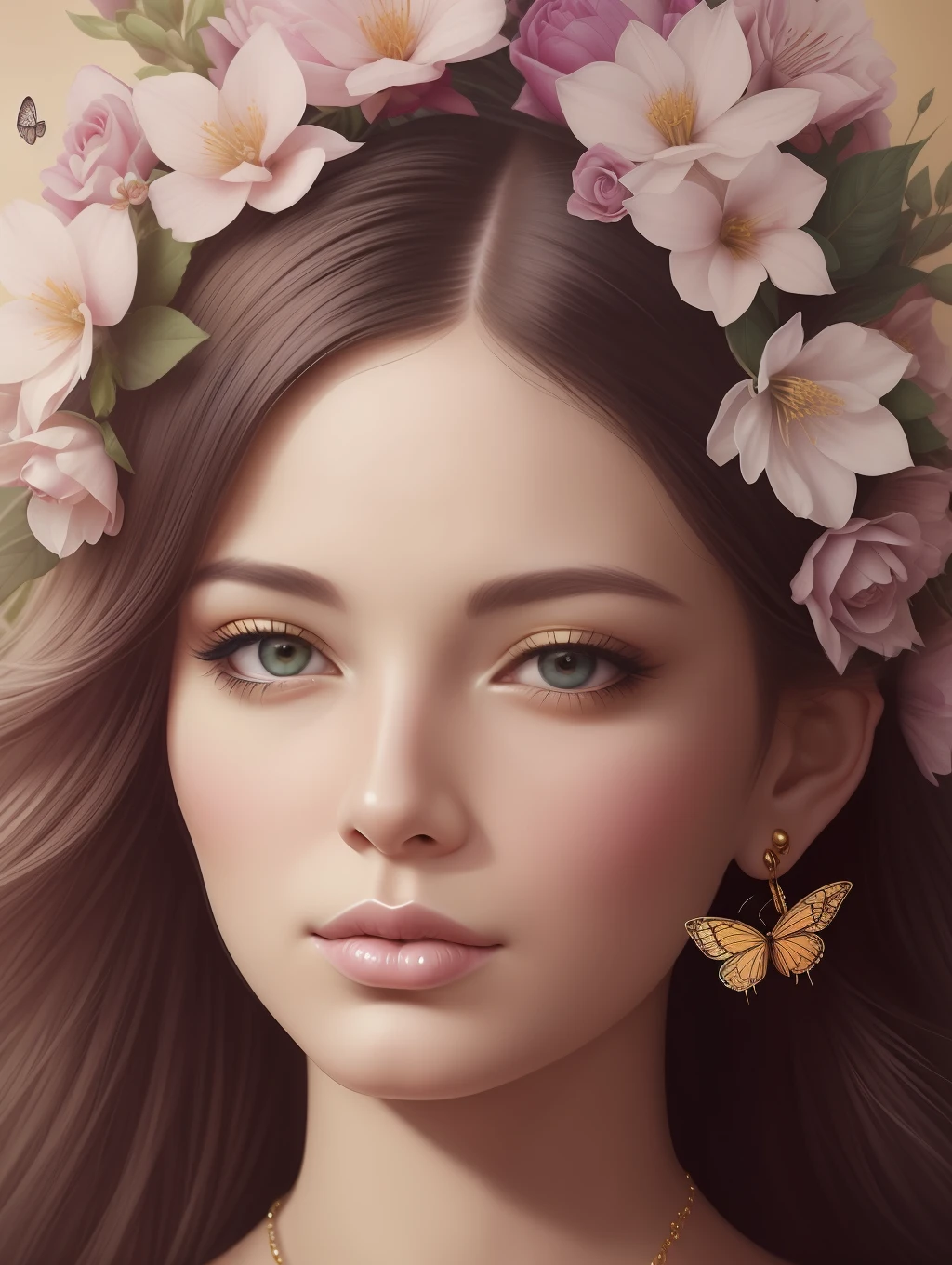 A botanical whimsical masterpiece in the style of Marco Mazzoni, detailed, hyper-realistic, elemets of symbolism and surrealism, intricate design, insanely beautiful woman, windy hair, flowers, butterflies, pastel, golden and jewelry details, looking at the viewer, looking straight to the camera.