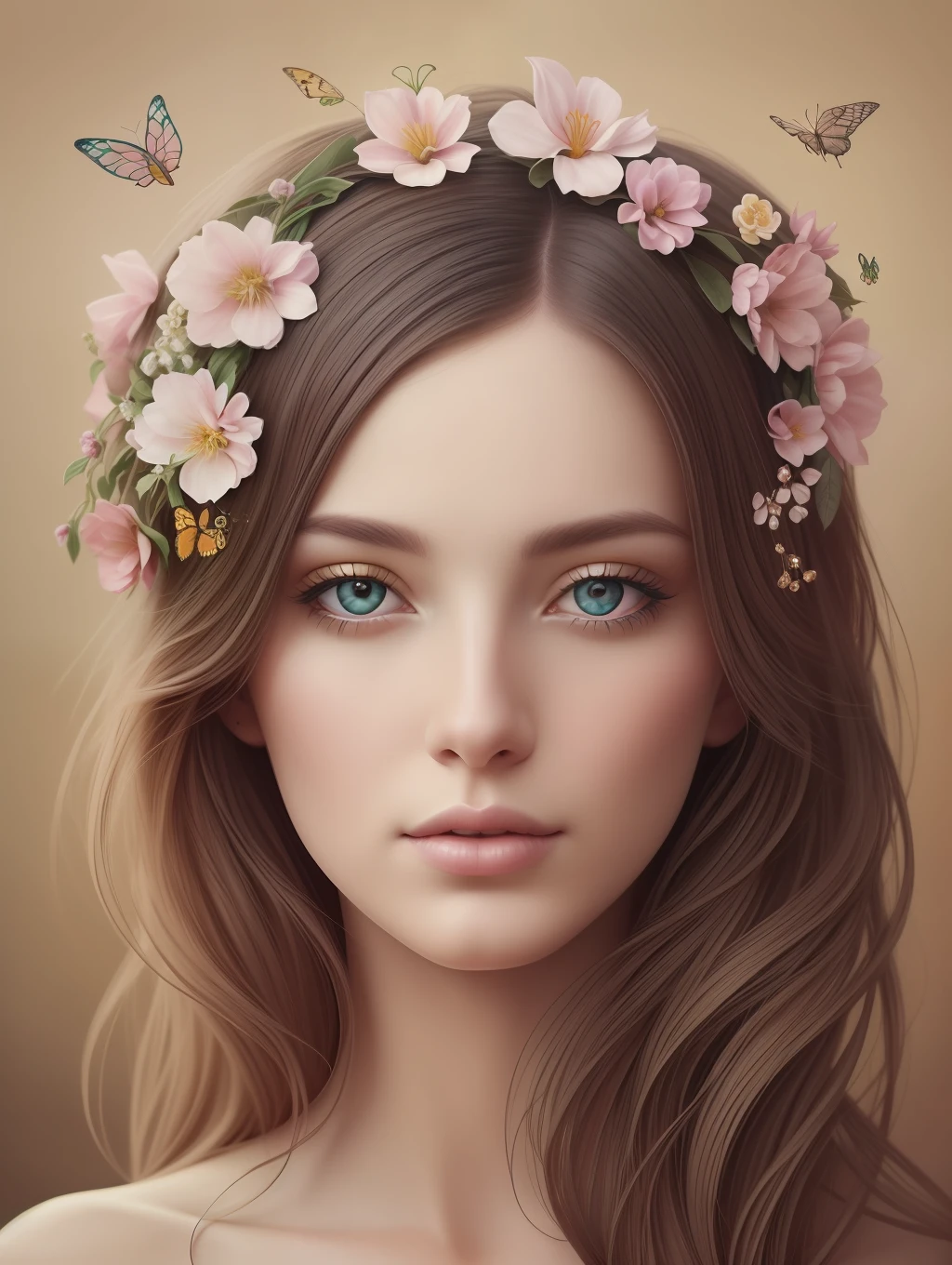 A botanical whimsical masterpiece in the style of Marco Mazzoni, detailed, hyper-realistic, elemets of symbolism and surrealism, intricate design, insanely beautiful woman, windy hair, flowers, butterflies, pastel, golden and jewelry details, looking at the viewer, looking straight to the camera.