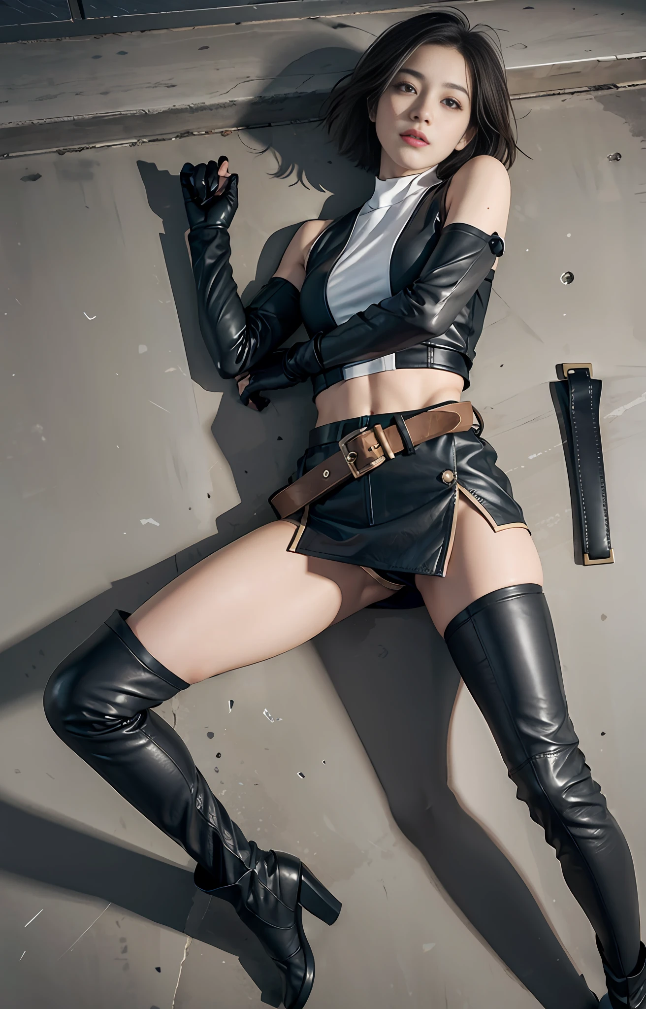 Official art, extremely detailed CG Unity 8k wallpaper, best quality, masterpiece, high resolution, beautiful girl ninja, short hair, black crop top leather armor, brown belt, scabbard on thigh, Japanese sword, leather gloves, black minileather skirt, black over-the-knee flat boots, tight leather suit, leather texture, full body photo, lying on the ground, open legs