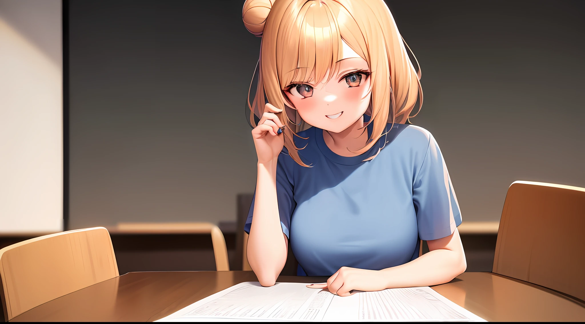 masterpiece, Best quality, High Resolution, One girl, Loose t-shirt, Girl sitting on chair studying drafting at desk, horizontal angle, Studying seriously, Paperwork, Good luck studying, drafting, cute, 18 years old, smiling, bun hair