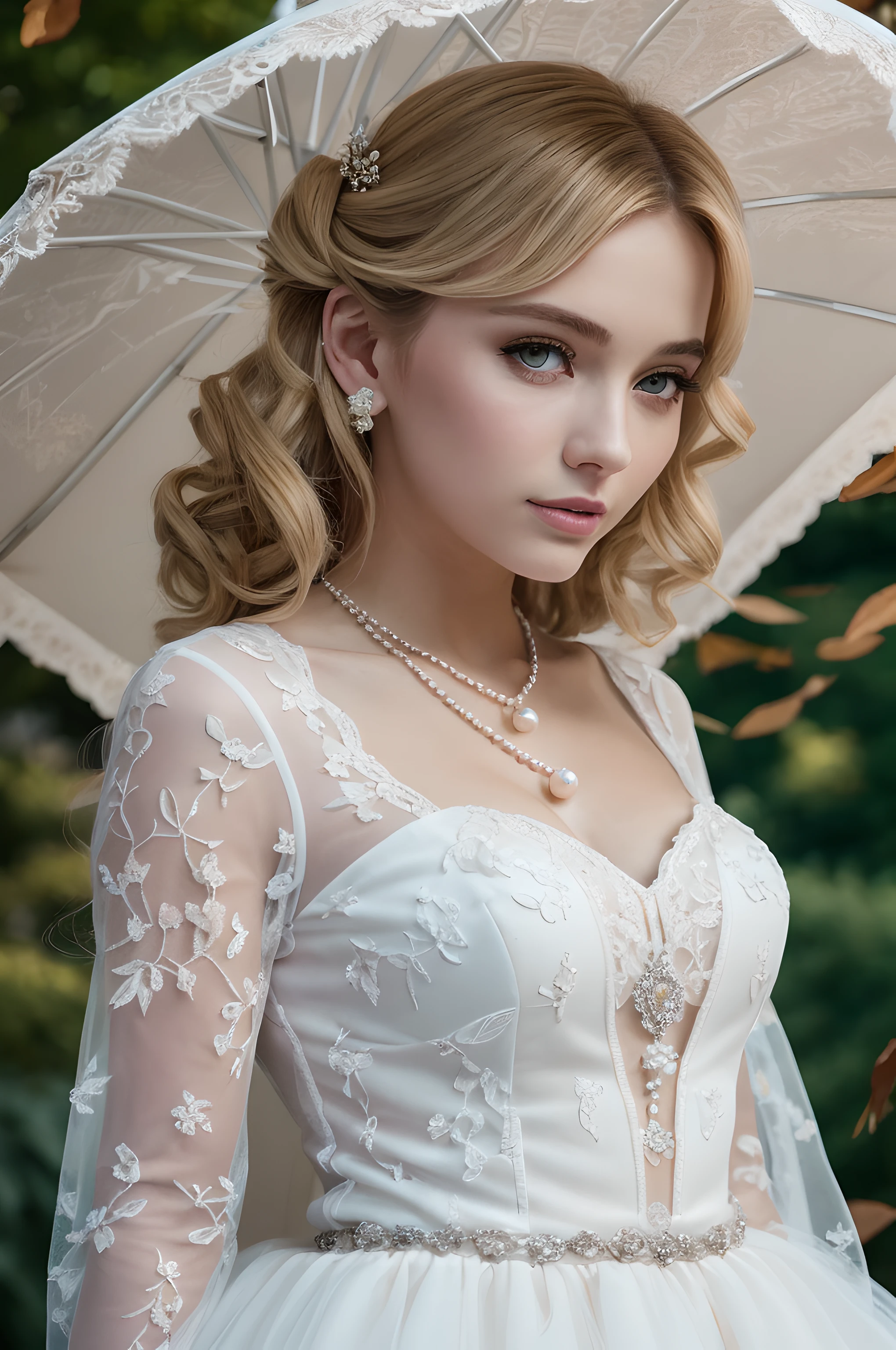 (masterpiece), (portrait), (aesthetic), (beautiful), (upper blody), (high quality), (aesthetic clothings), (professional angle), (rule of thirds), (Feminine), (woman), (female), (beautiful),(feminine features), (21 years), solo, 1 woman, a (attractive British), Autumn, (Falling Leaves), (Evening), (Soft light), ((Vintage Garden Wedding)), (Holding a Parasol Hands), ((Looking Sideways Face)), ((Romantic)), (Vintage Make-up), (Moderate Bust), (Lace Gloves, Pearl Necklace), ((Medium Hair)), (Blonde Hair), (Curly Hair), (Updo with Curls hair), (- in Hair), (Softly Closed Eyes), (Blue Eyes), (Timeless Look), Fair skin, (- Clothing), (Vintage Lace Dress), (wedding dress), (Flowing Skirt ), (Boat Neck Neckline), ((English Garden background)), (Close-up Shot Shot), beautiful hands, two hands, normal hands, two arms, complete hands, beautiful body, beautiful fingers, normal fingers, five fingers, five fingers, beautiful ears, normal ears, beautiful eyes, shiny eyes, beautiful mouth, beautiful lips,