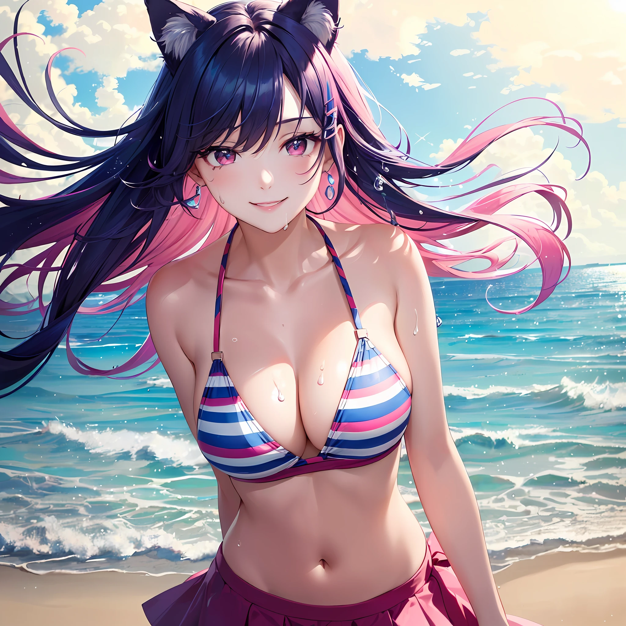 Close-up, upper body, one girl, smile, absurdity of wolves, super detail, masterpiece, top quality, break, official art, (beautiful and aesthetic: 1.2), (close-up, upper body, one girl, smile, wolf ears, wolf tail, pink eyes, hair between the eyes, split color hair: 5, striped hair, long hair, jewelry at the ends of the hair (watercolor: medium), break, Devilish Pretty Girl, Beautiful Girl, (Cute: 1.3),  years olBreak, Colorful Hair, Split Color Hair, Splash, (Blue and Pink Mixed Hair: 1.2), (Fractal Art 1.3), Break, Cat Ears, Sexy, Random Hair, Variegated Eyes: 15, Variegated Eye Color: 1.5, (Upturned Eyes, Smile: 1.2), (Hair Clips: 1.5), EarringsNM1, Variegated Hairstyles: 15, (Cute String Bikini, Skirt Bikini: 1.5), ((Milk dripping on breasts: 1.4), (Thighs: 1.3), (D Cup, Cleavage: 1.3), (Breast Focus: 1.3), (Best Smile: 1.3), Mouth Open (Breasts: 1.3), Round Eyes, (Milk dripping all over body: 1.3), (Blowing in the Wind: 0.5), (Sweat around girls, dripping sweat: 1.3), Squall (wind: 1.2), Speed, Refreshing breeze, Motion blur effect, Wind Break Background (Beach: 1.3), (stand in the center of the screen: 1.3), outdoor, wind break sunlight, magnificent view, light particles, dynamic angle, Dutch angle, perspective break (daytime, sunbeams: 1.2), depth of field, bokeh, light leakage, (chromatic aberration: 1.2), noon break